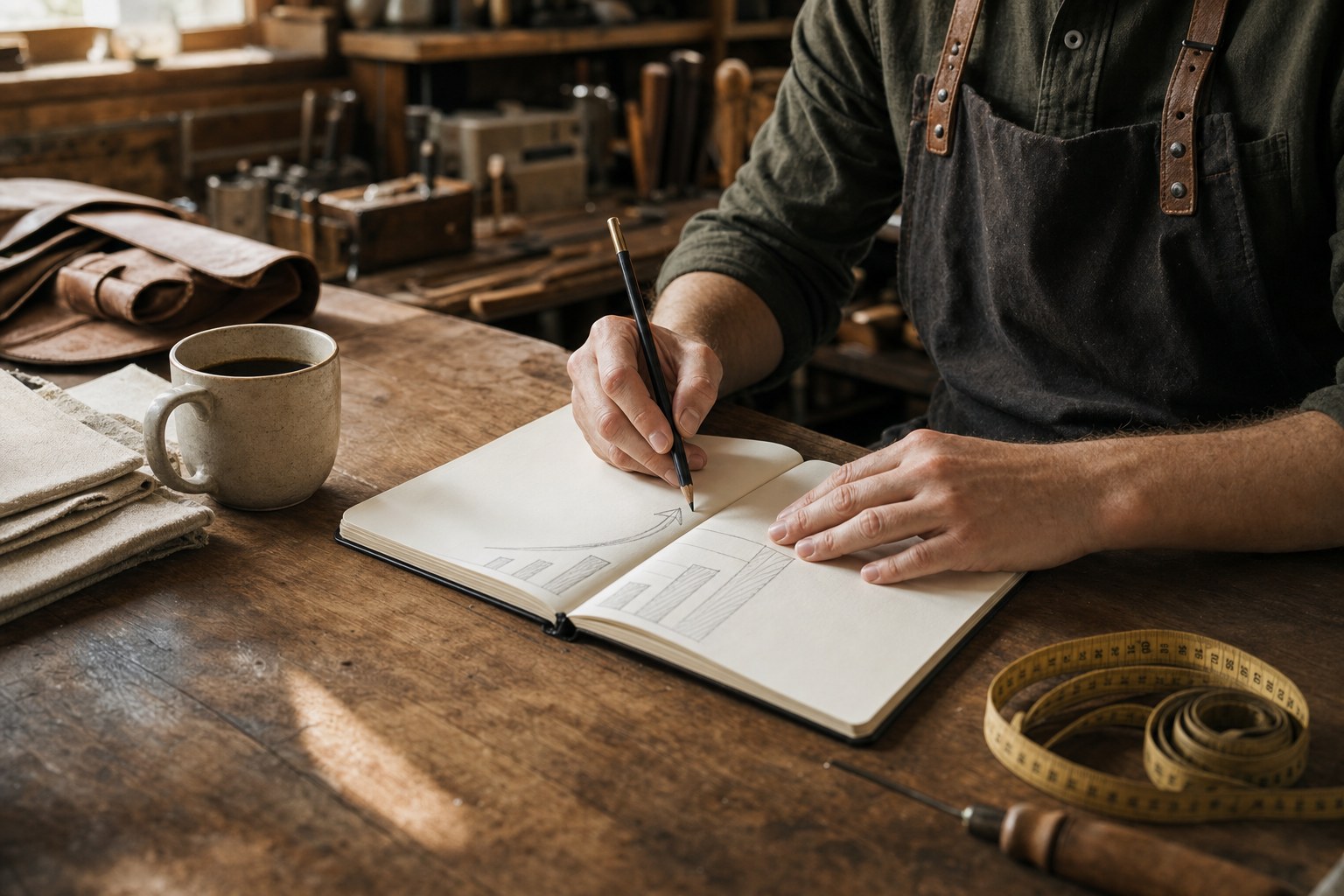 Business owner sketching a practical plan at a workshop table