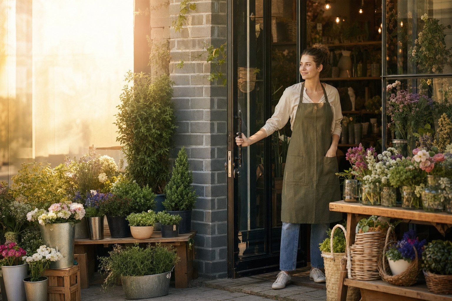 Independent florist opening a storefront in morning light