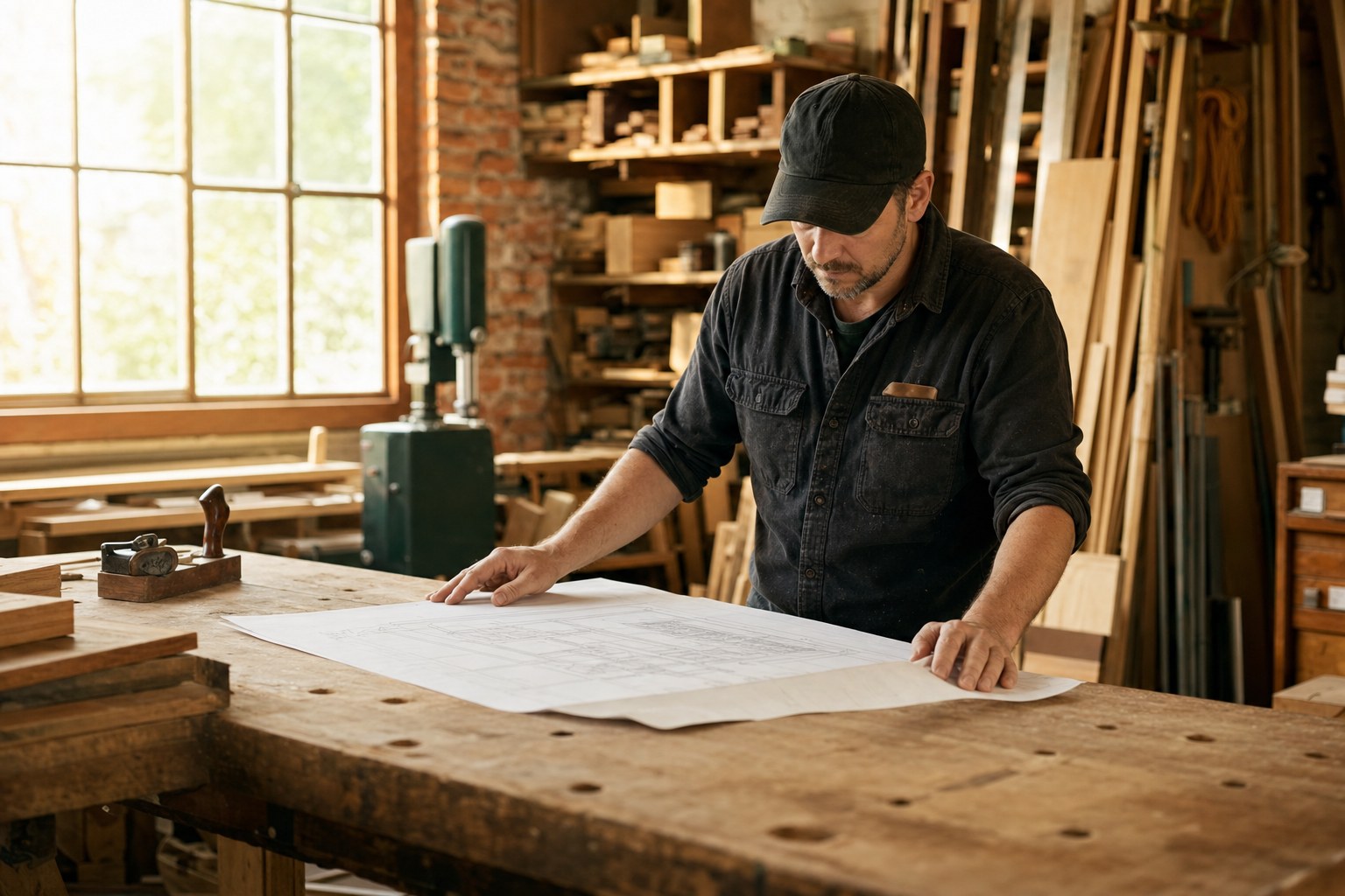 Independent business owner reviewing plans at a workshop bench