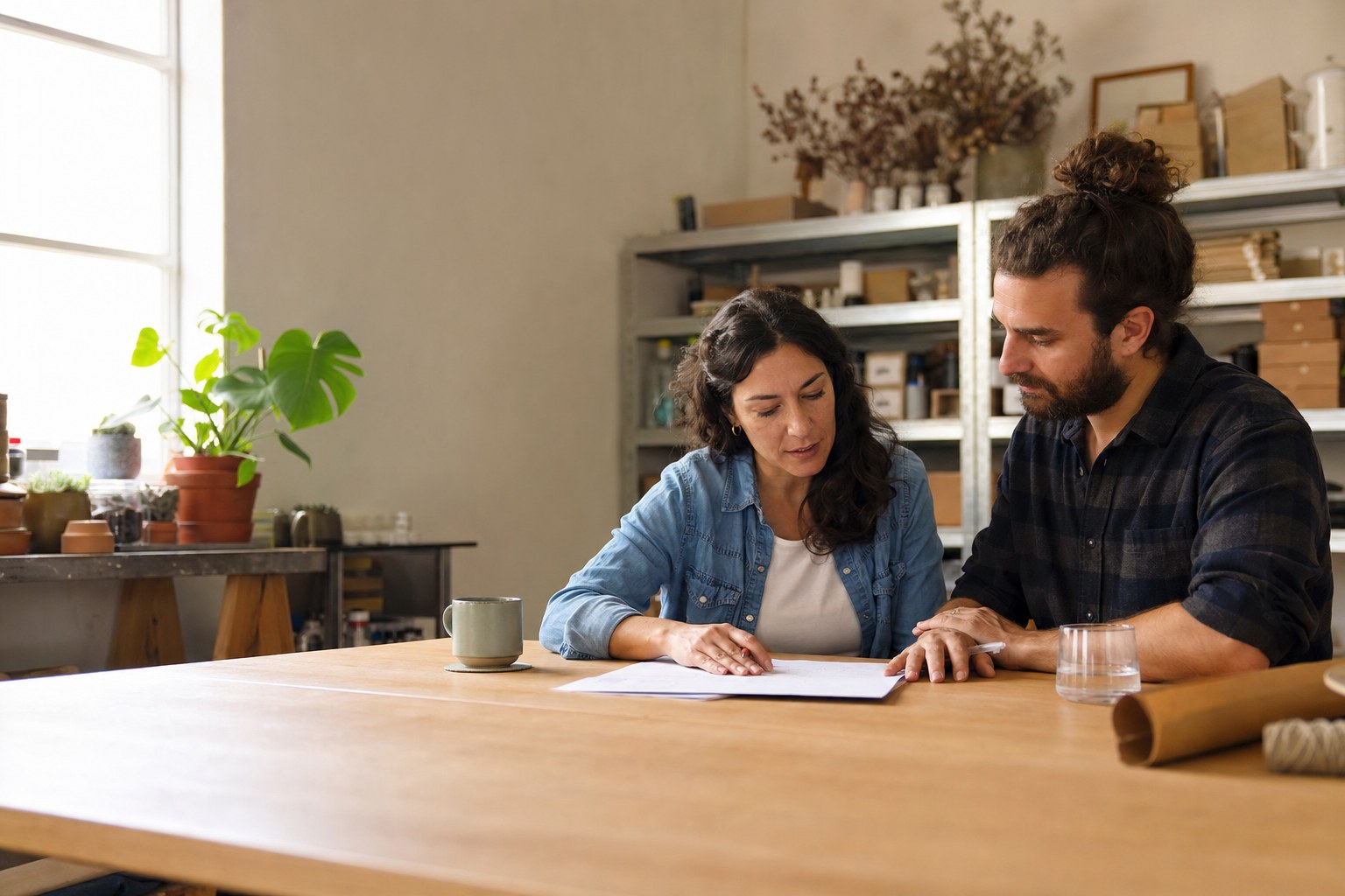 Small business owners reviewing a plan together