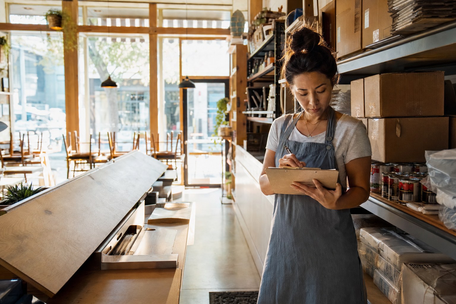 Small cafe owner preparing inventory before opening