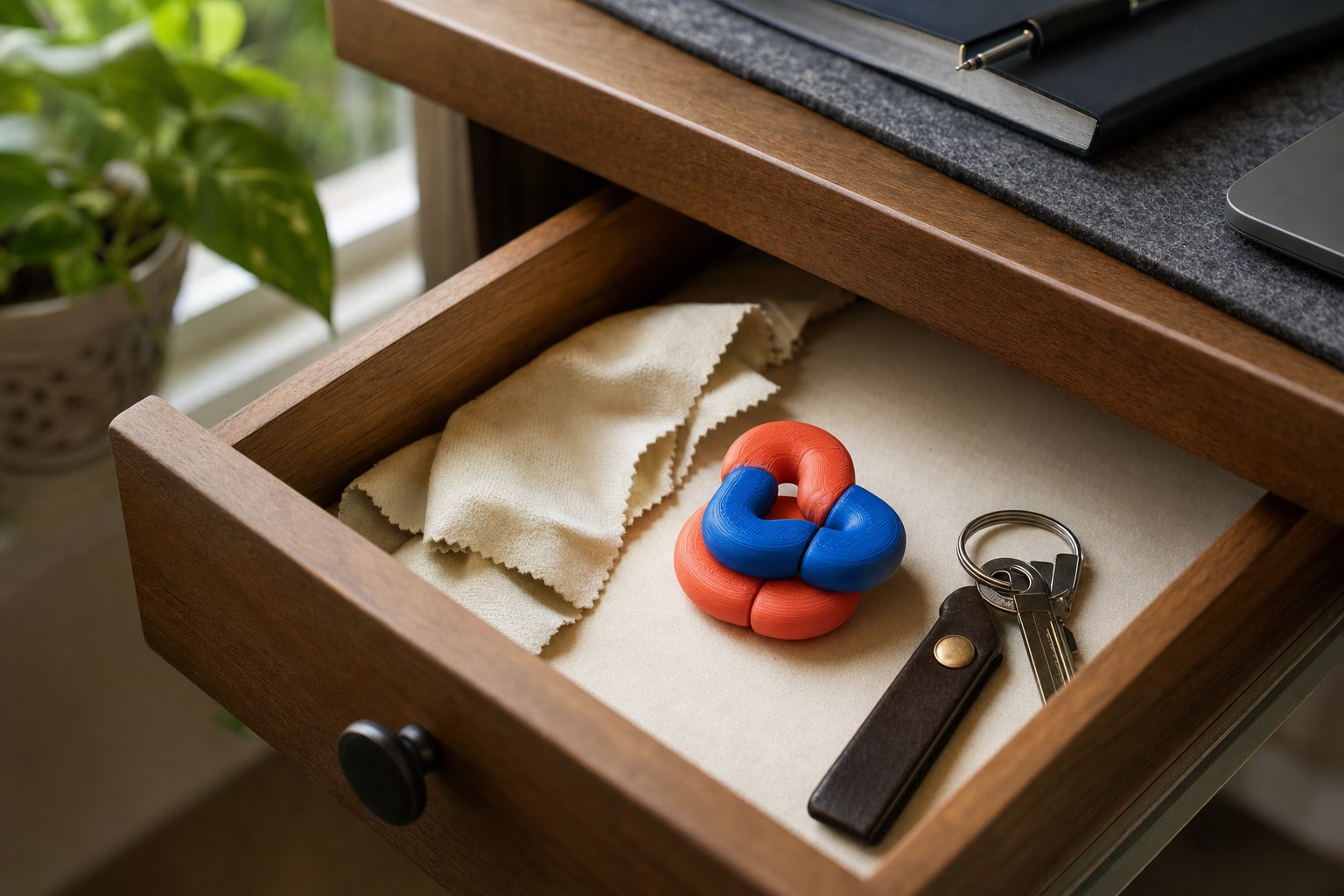 A colorful 3D printed fidget stored in an open desk drawer beside a soft cloth and keys