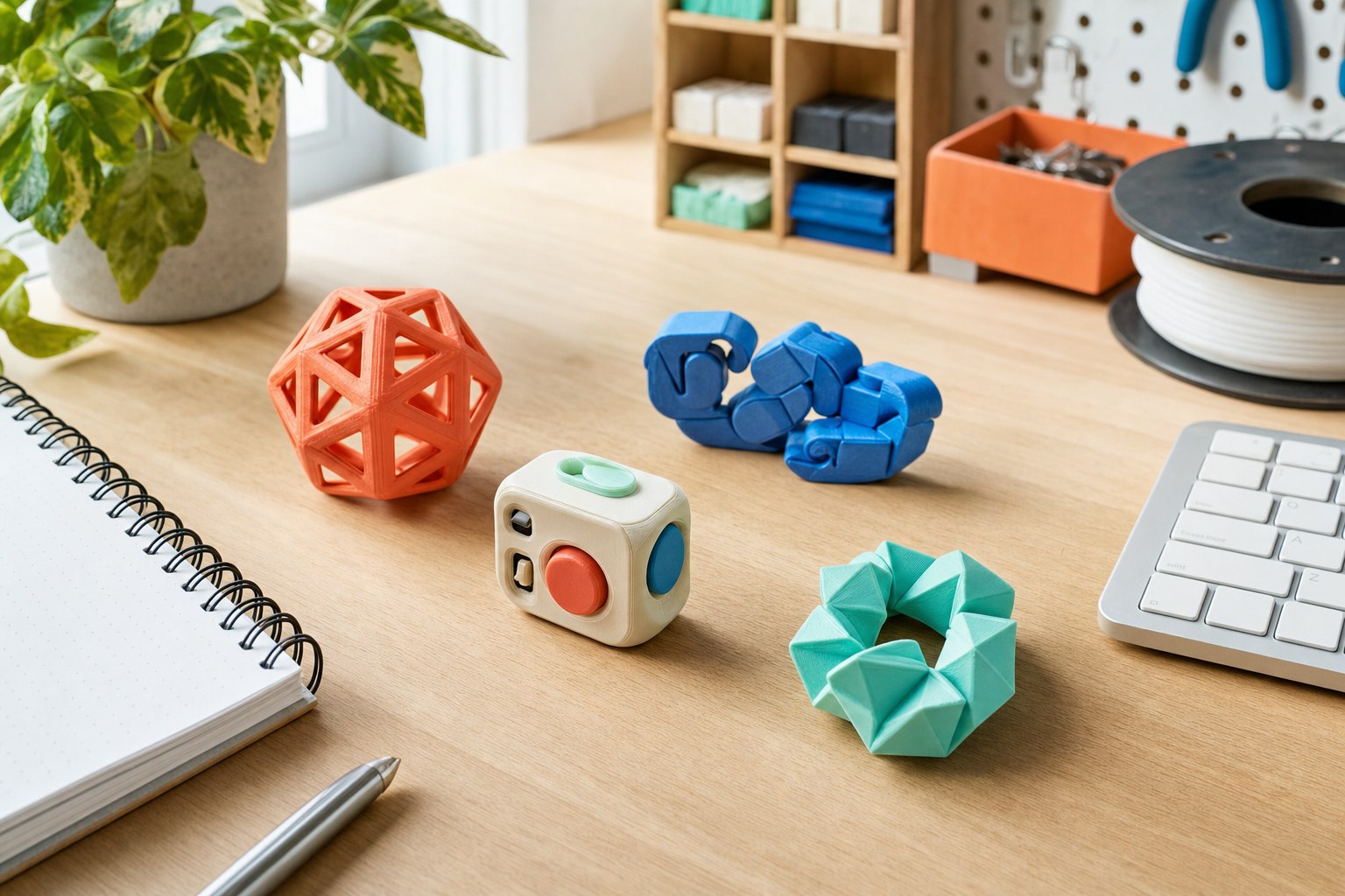 Colorful 3D printed desk fidgets beside a notebook and keyboard in a bright home workshop