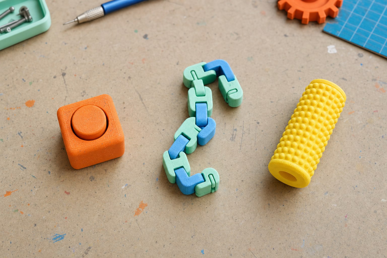 Three colorful 3D printed fidget forms for pressing, flexing, and rolling