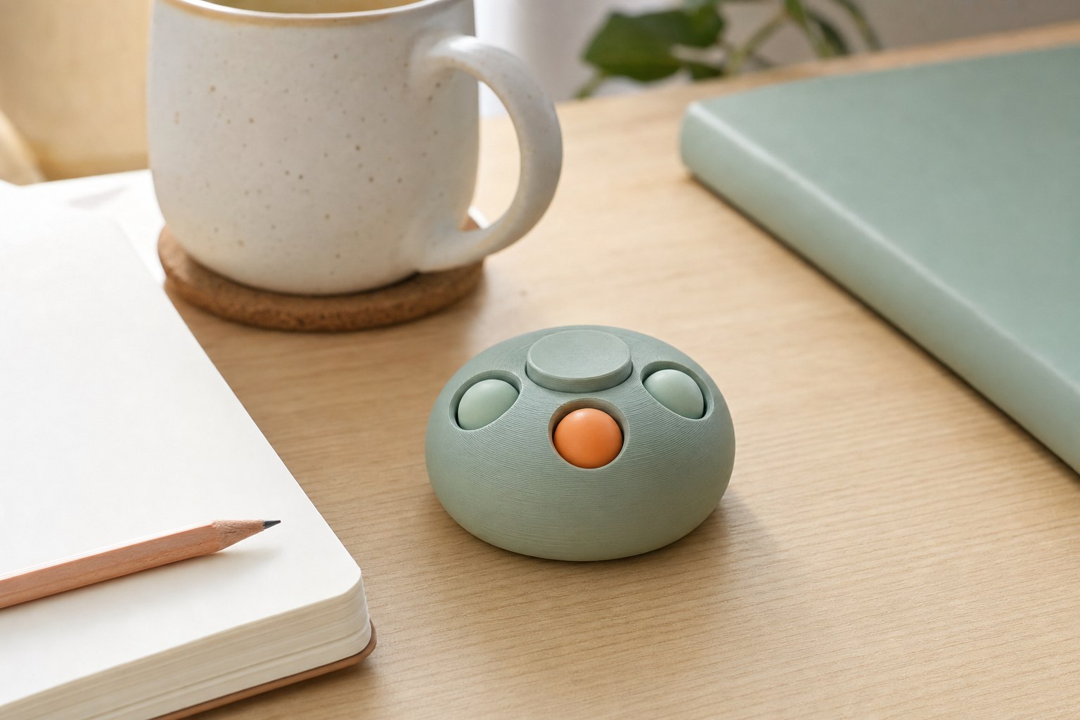 Small tactile desk fidget beside a notebook and coffee cup on a calm workspace