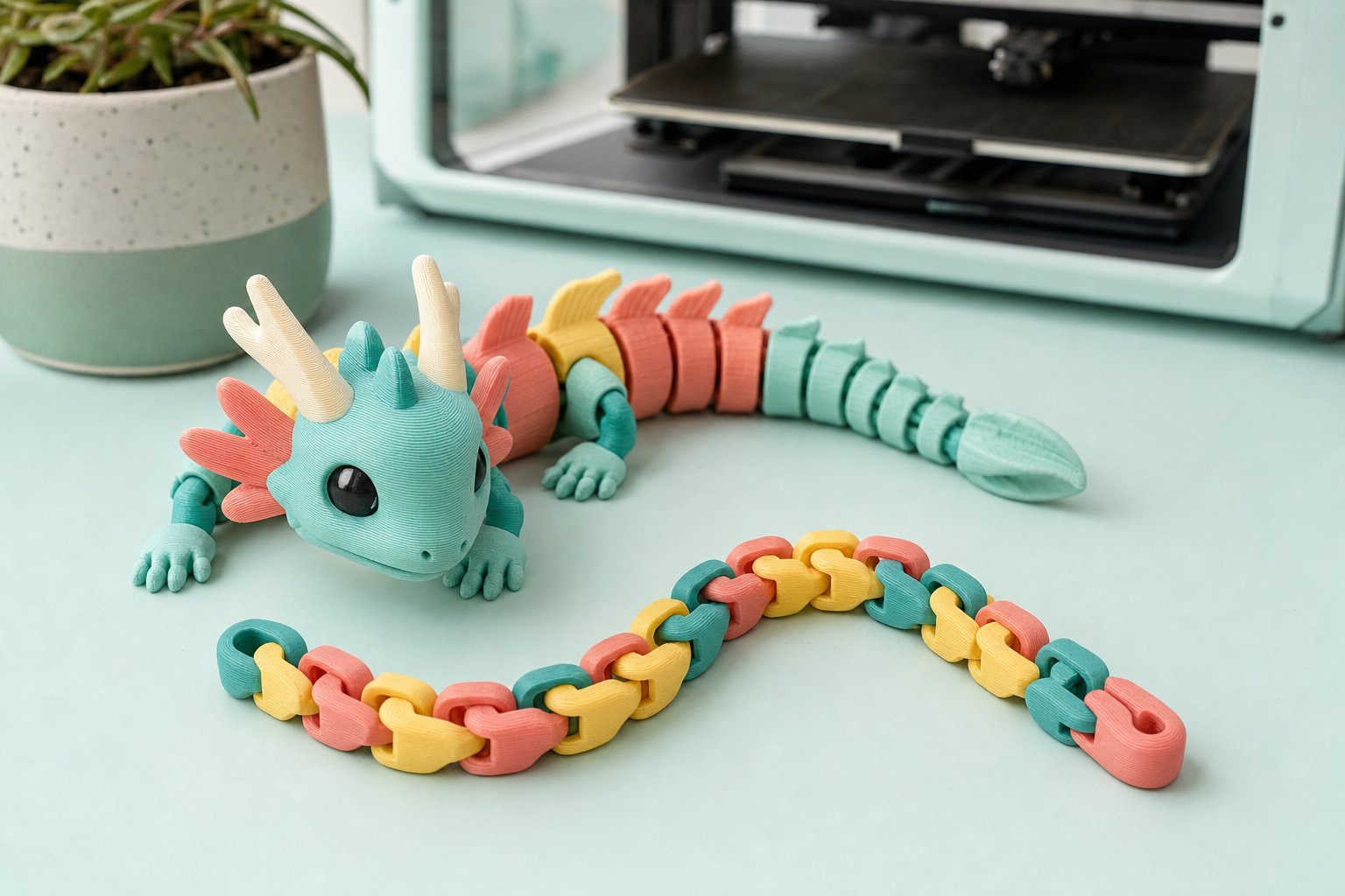 Articulated 3D printed creature and flexible linked fidget