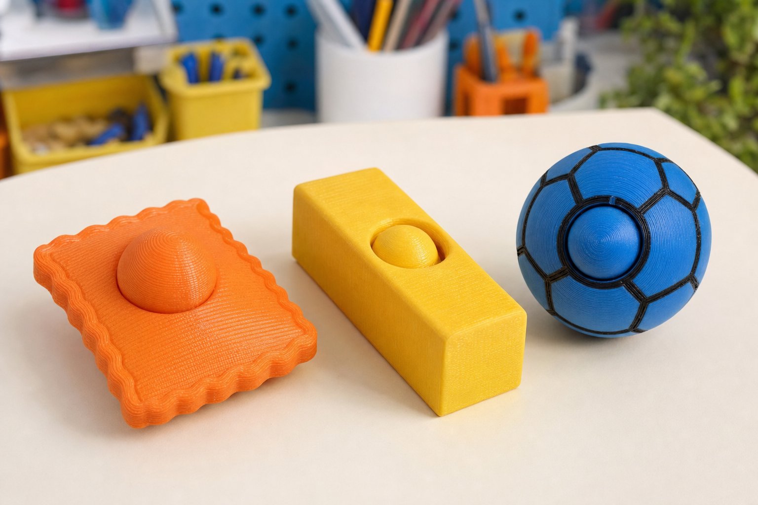 Three colorful 3D printed clicker fidgets on a workshop table