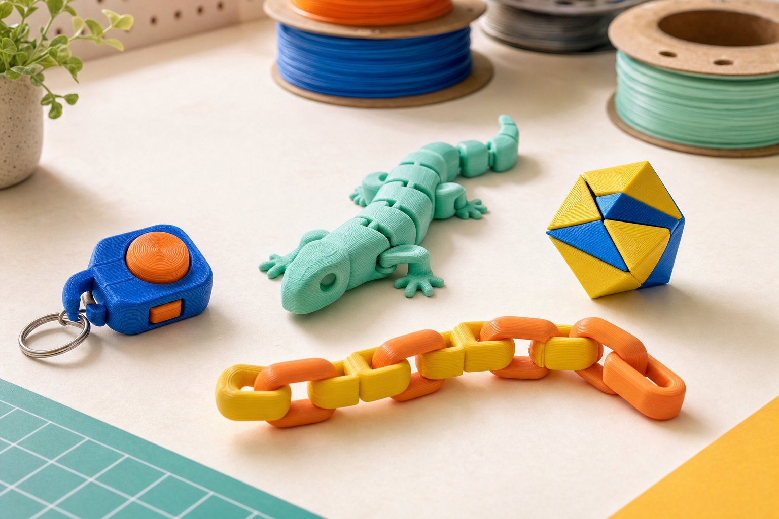 Colorful 3D printed fidgets on a maker worktable