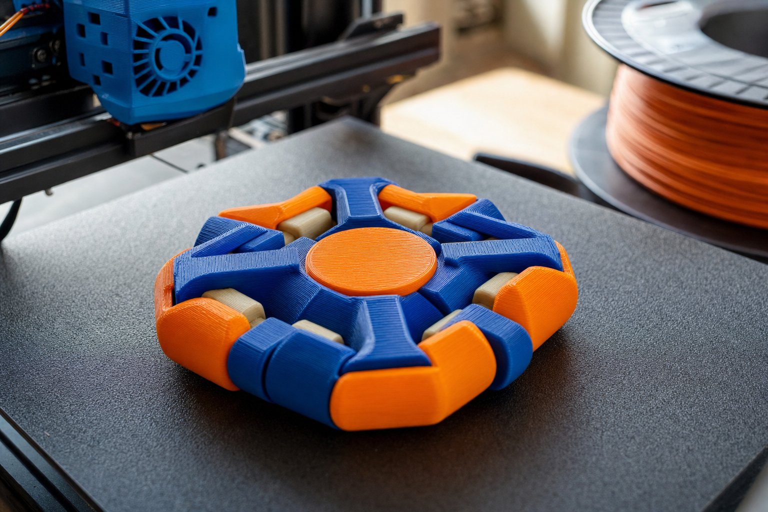 A newly printed 3D fidget on a printer bed, showing fine print layers
