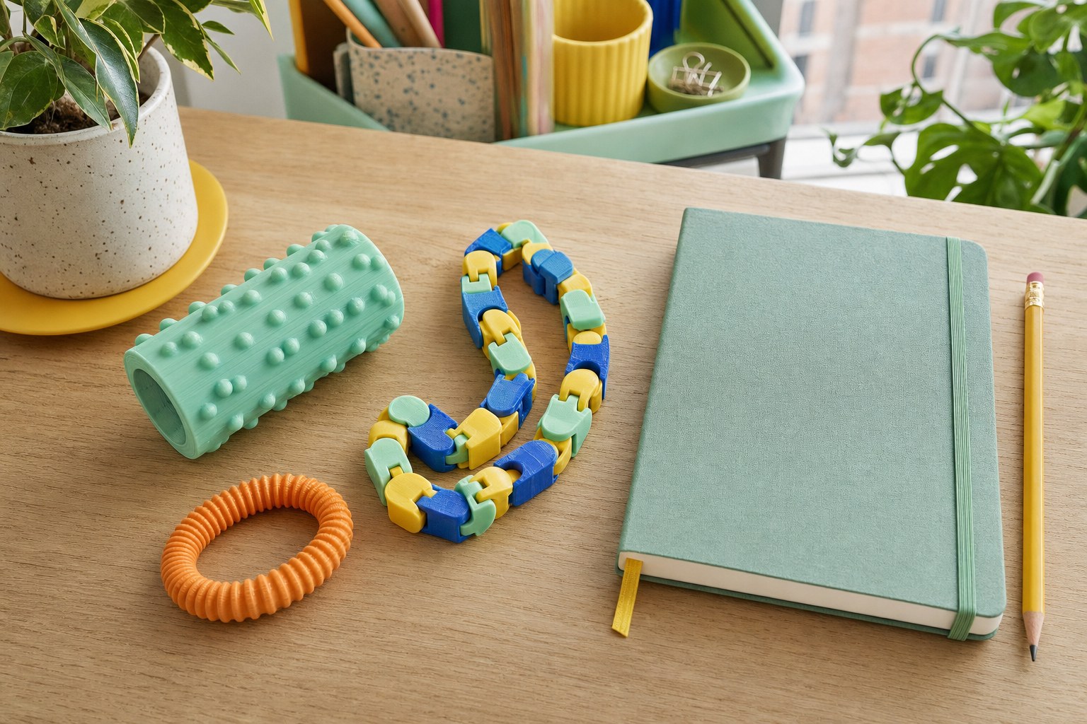 Colorful quiet fidget toys beside a notebook on a bright home workspace
