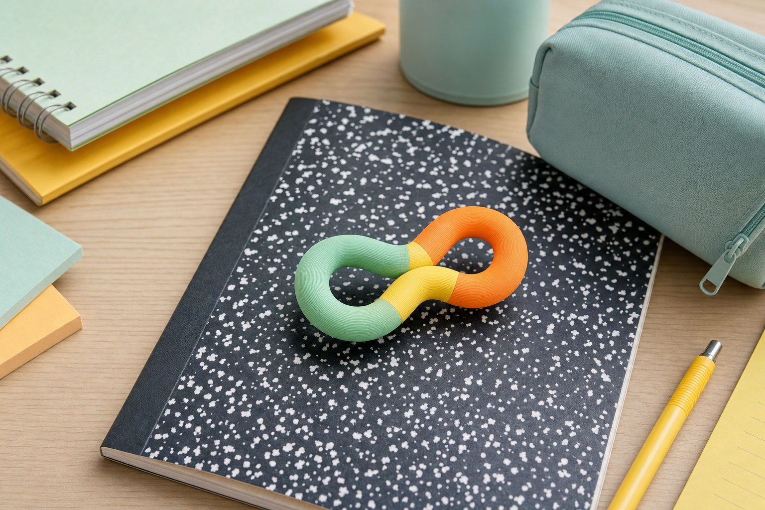 A compact colorful fidget resting on a notebook in a tidy study space