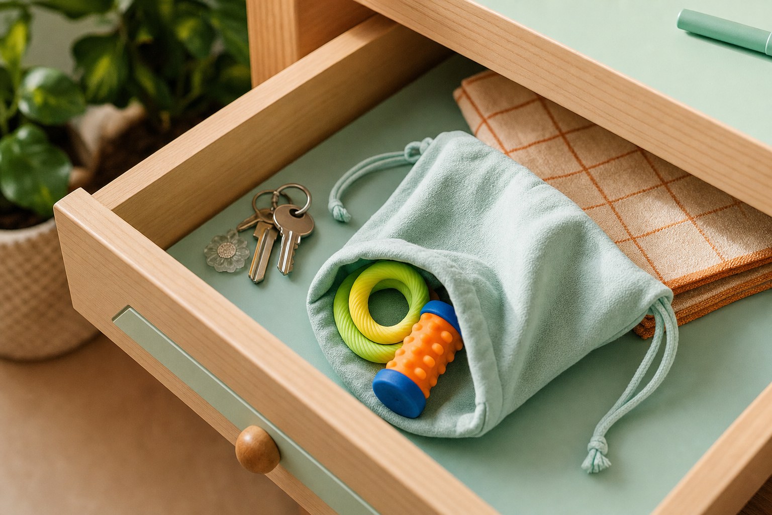 Colorful compact fidgets stored in a soft pouch inside an open desk drawer
