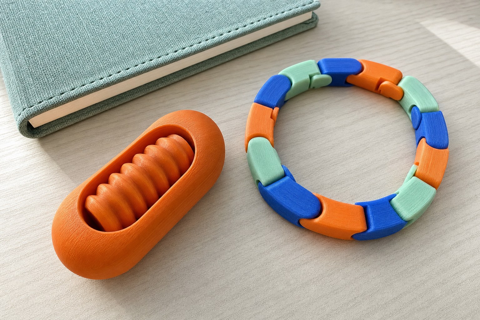 A smooth rolling fidget and flexible linked fidget beside a fabric notebook