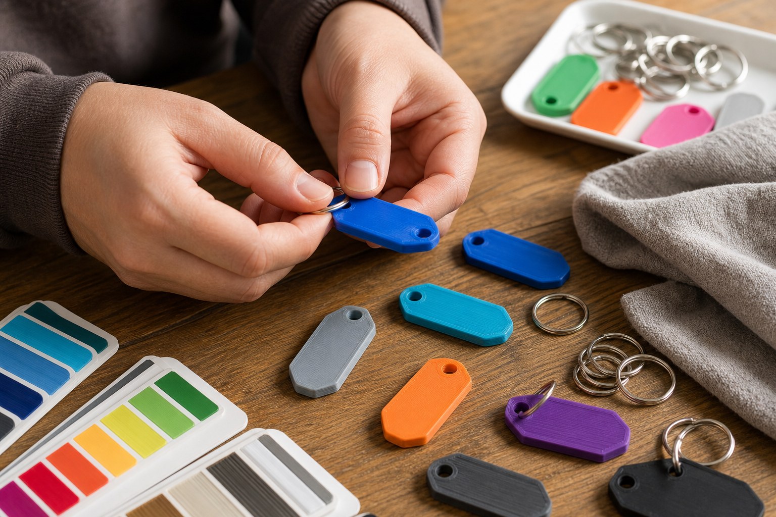 Hands attaching a metal ring to a colorful 3D printed key tag on a workshop table