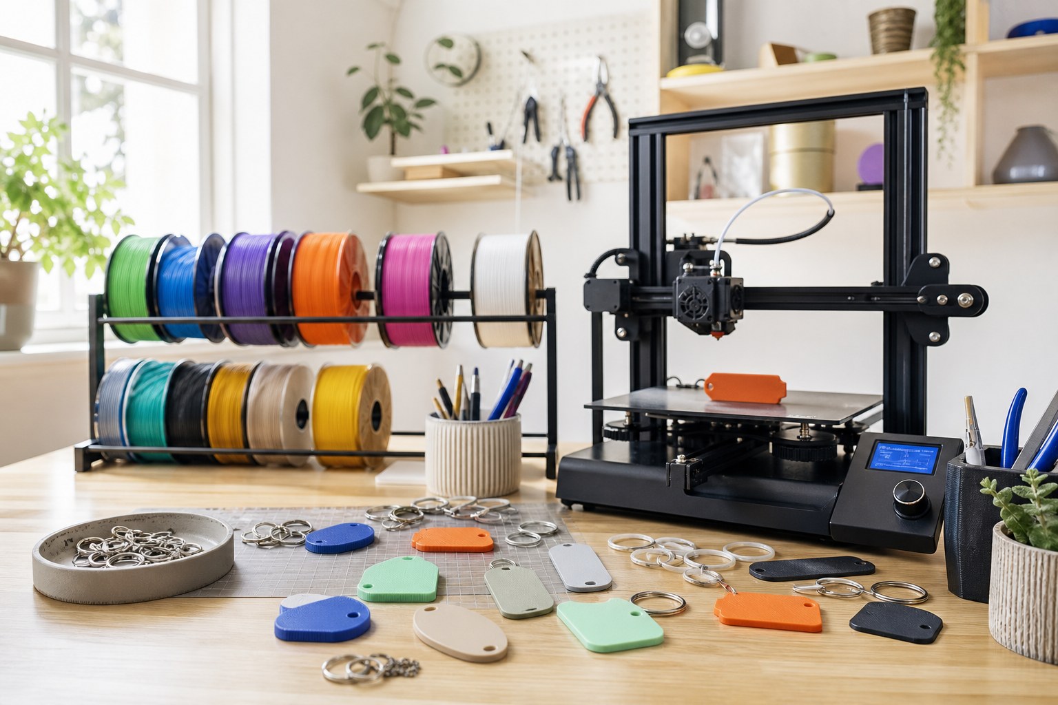 A 3D printer beside colorful filament and blank key tag shapes on a workshop table