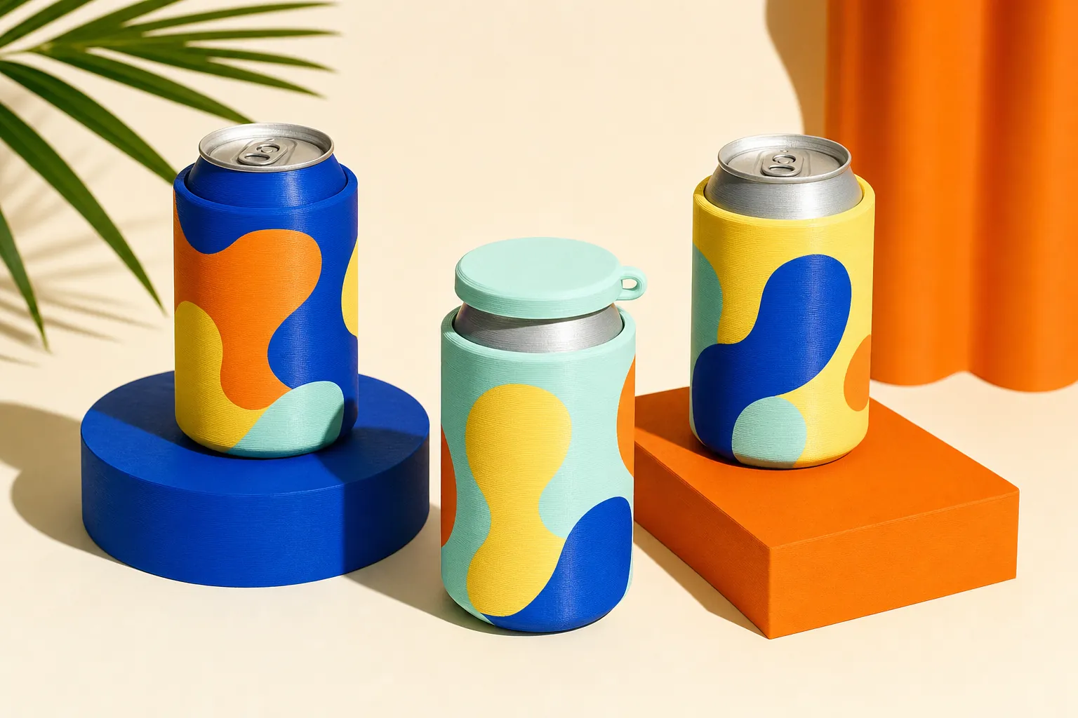 Colorful 3D printed can coolers