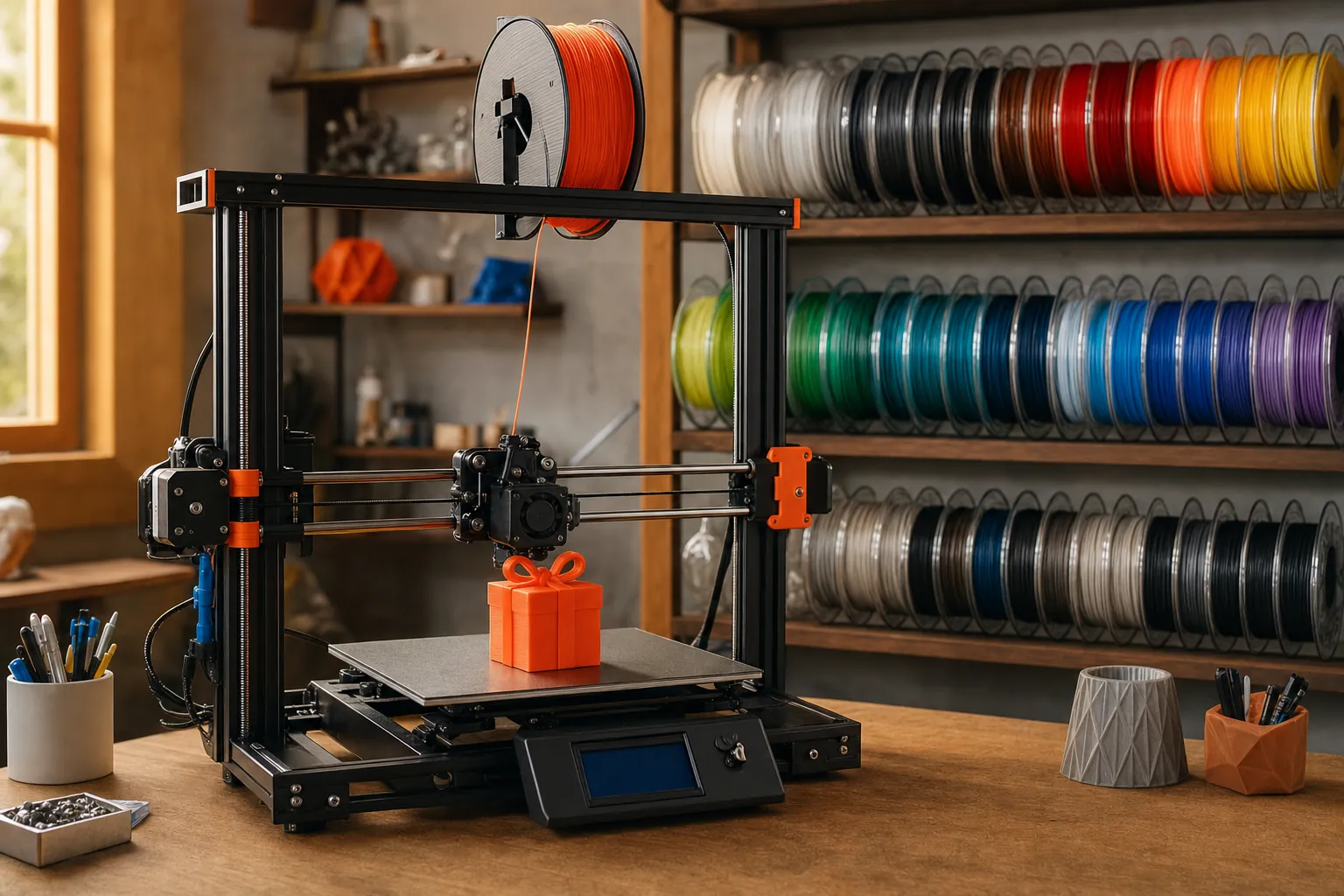 3D printer at a colorful home workshop workbench