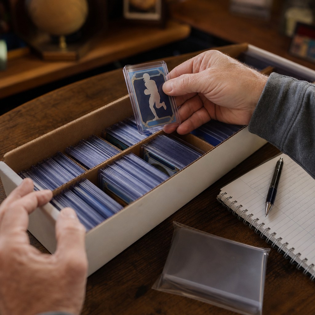 Collector filing a protected sports card into a divided storage box
