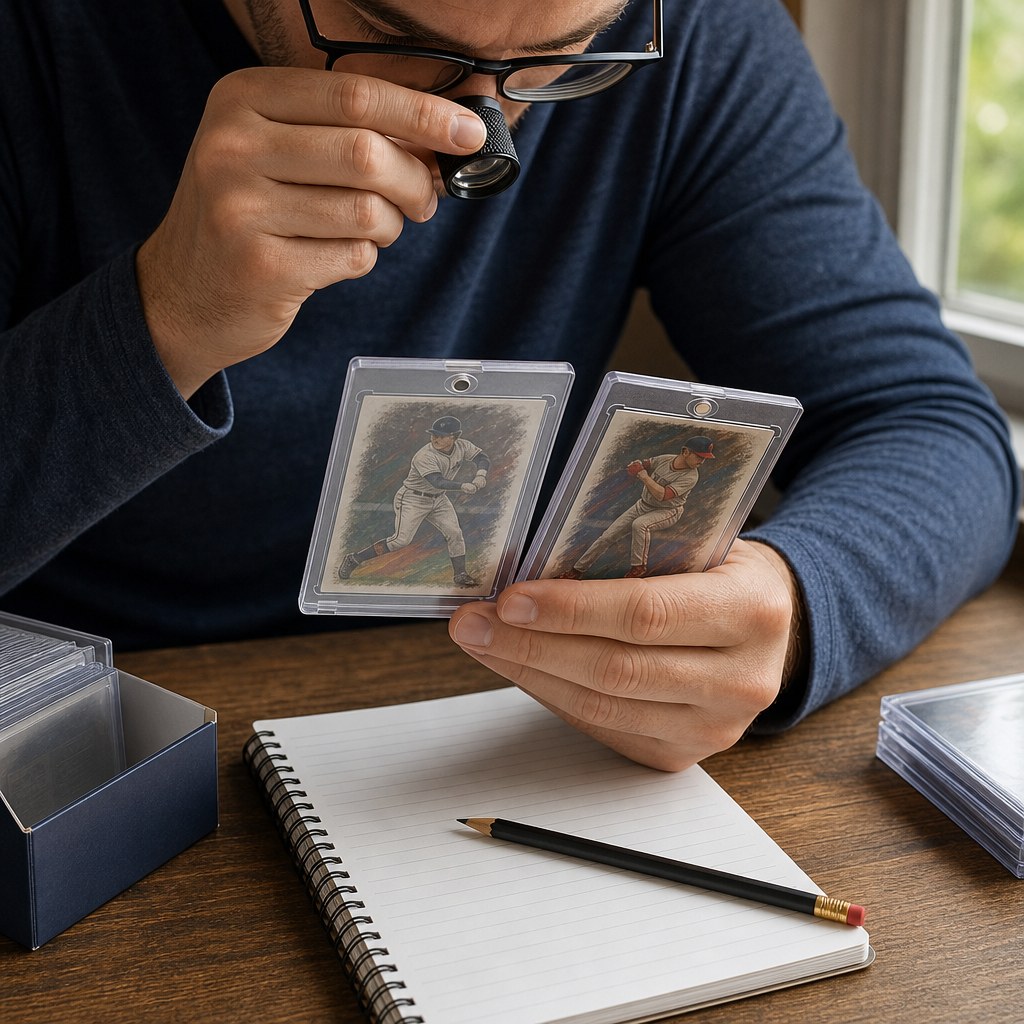 Collector comparing two protected sports cards with a loupe