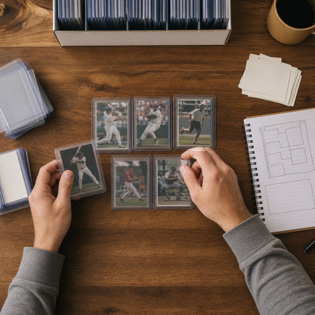 Collector arranging a focused group of protected sports cards on a desk