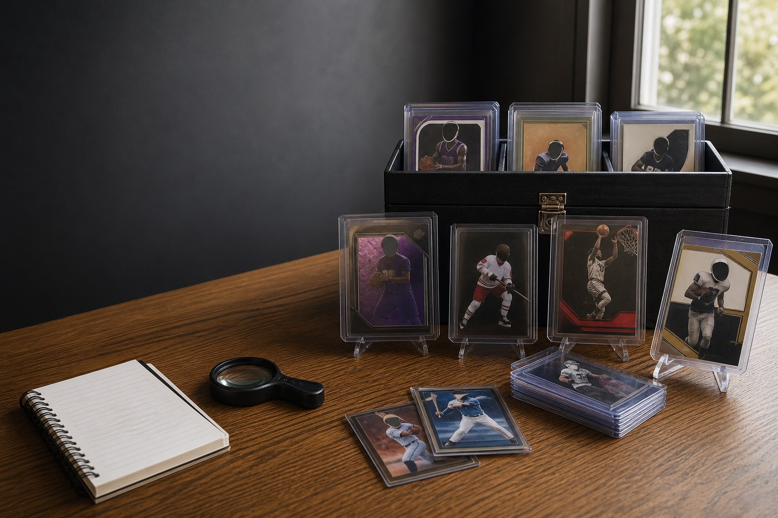 Protected sports cards from several sports arranged on a collector’s desk