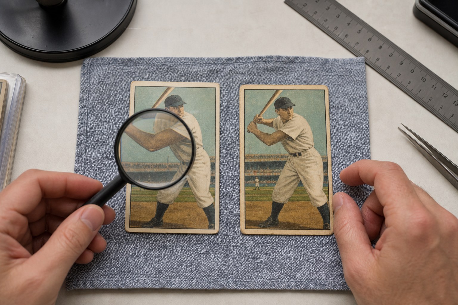 Two unbranded vintage-style baseball cards being compared under a magnifier
