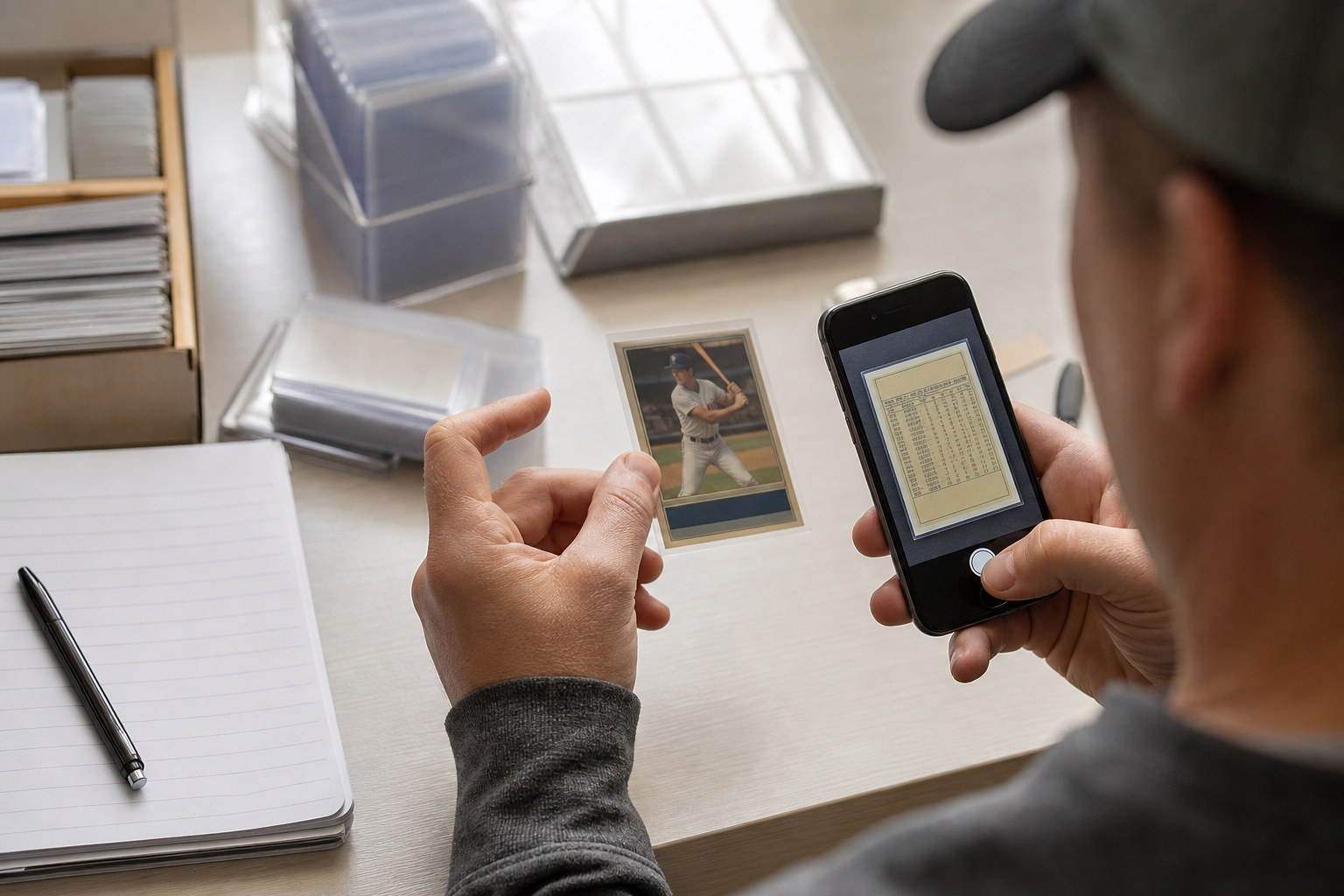 Collector photographing an unbranded sports card beside blank collection notes