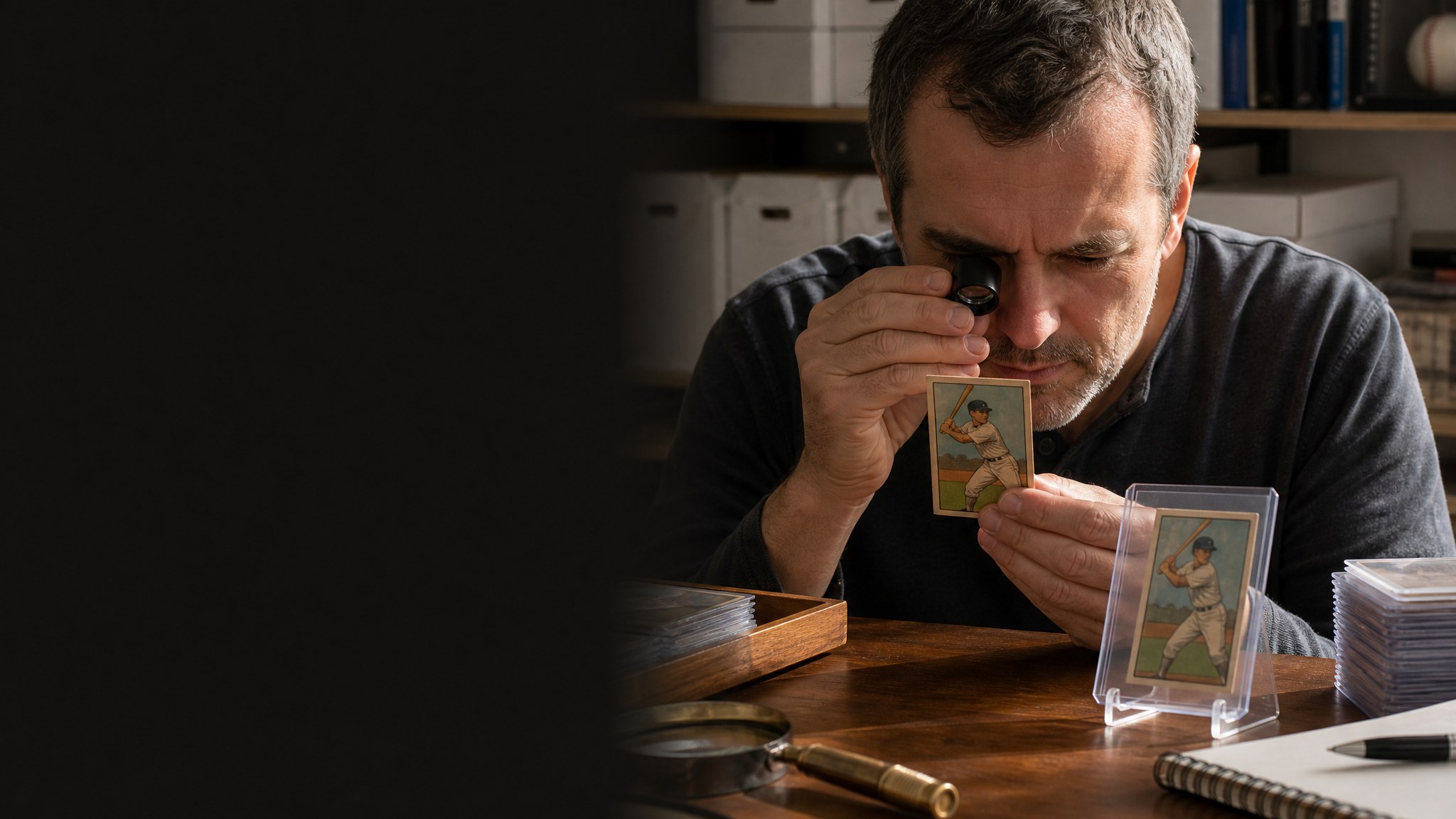 Collector examining an unbranded vintage-style baseball card with a jeweler’s loupe