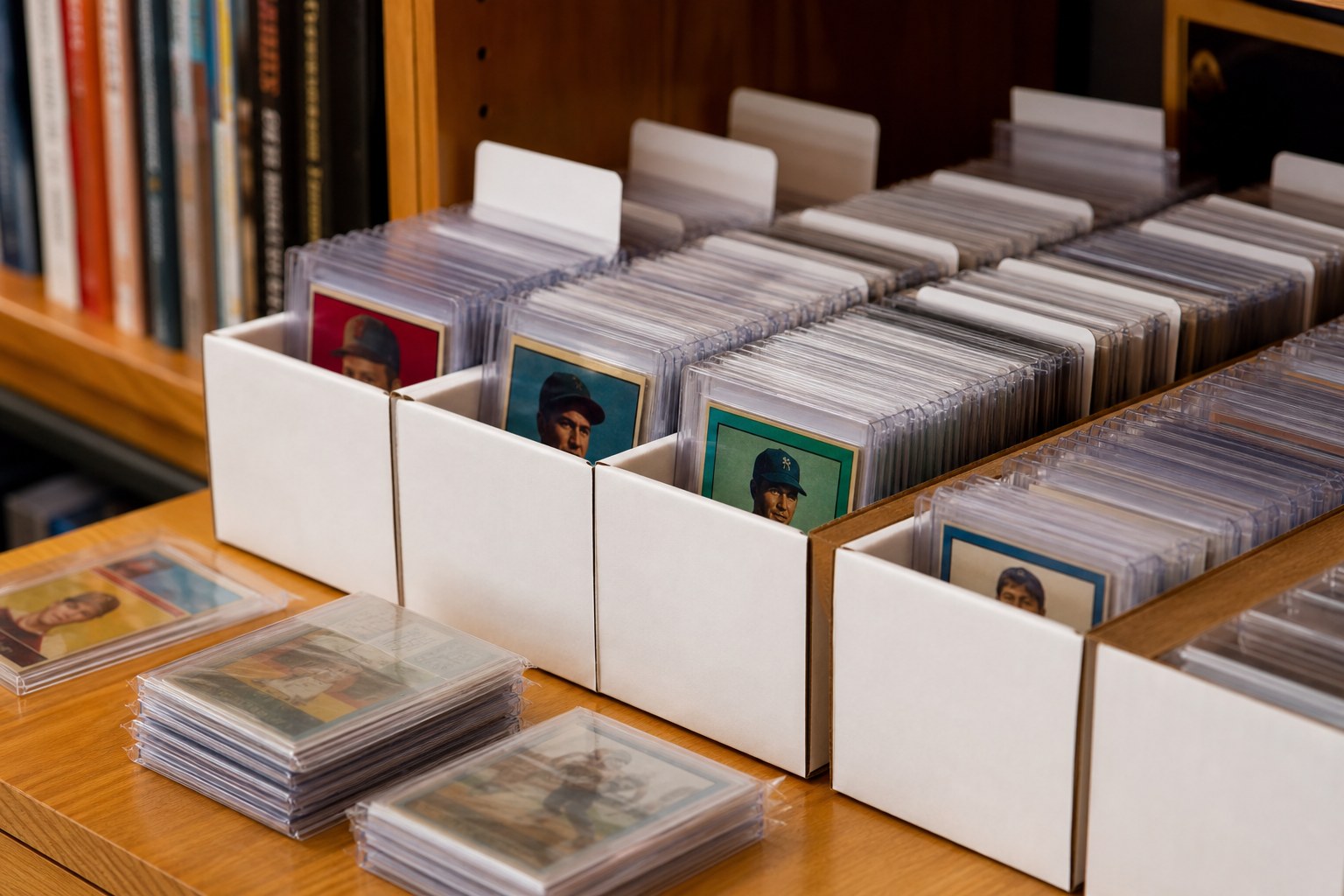 Unbranded sports cards in protective holders organized in archival storage boxes