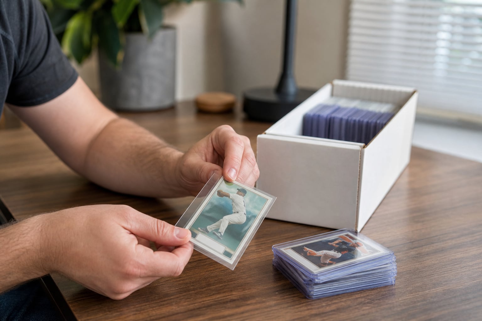 Collector placing a sports card in a protective sleeve beside a storage box