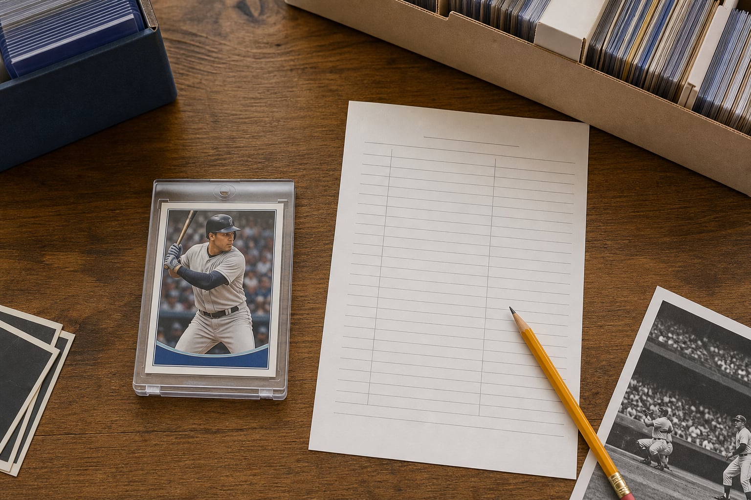 Protected sports card beside a blank inventory sheet, pencil, and archival card boxes