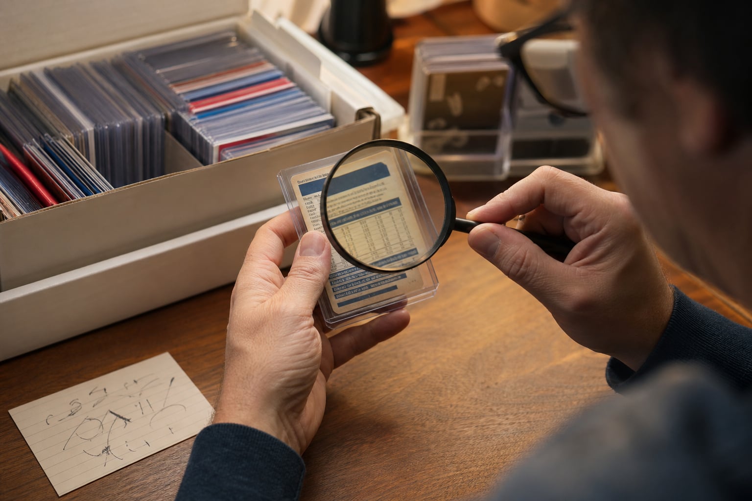 Collector examining the back of a protected sports card with a magnifier