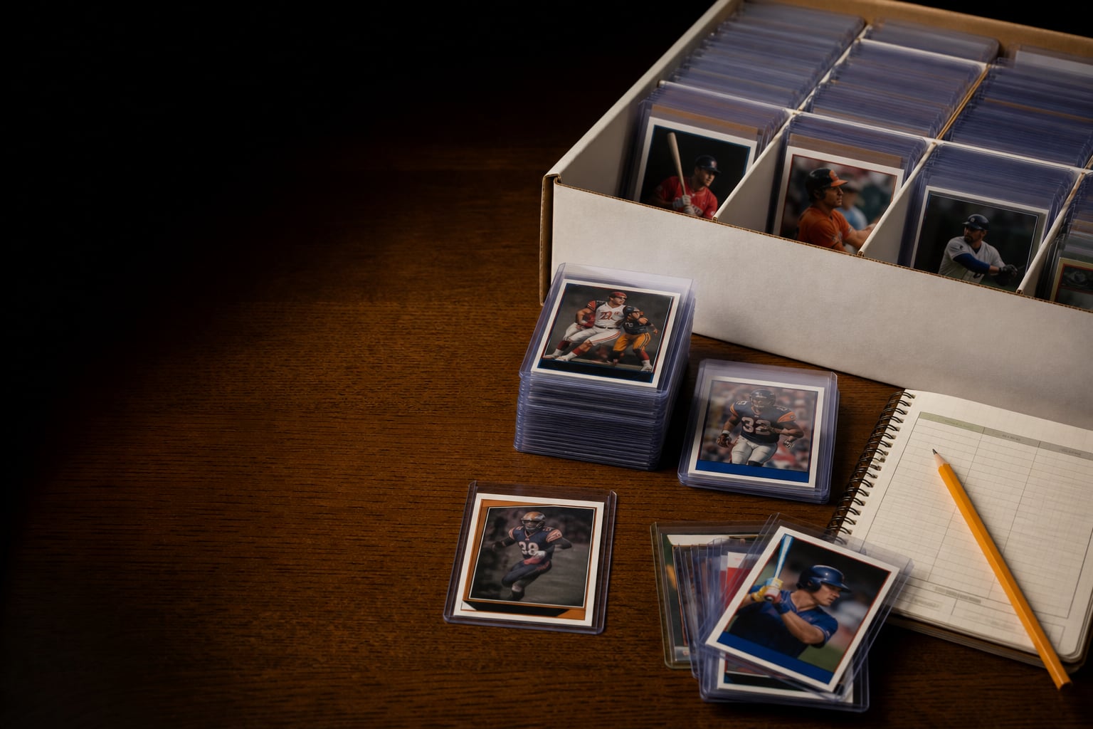 Organized sports cards in protective holders beside an archival card box and inventory notebook