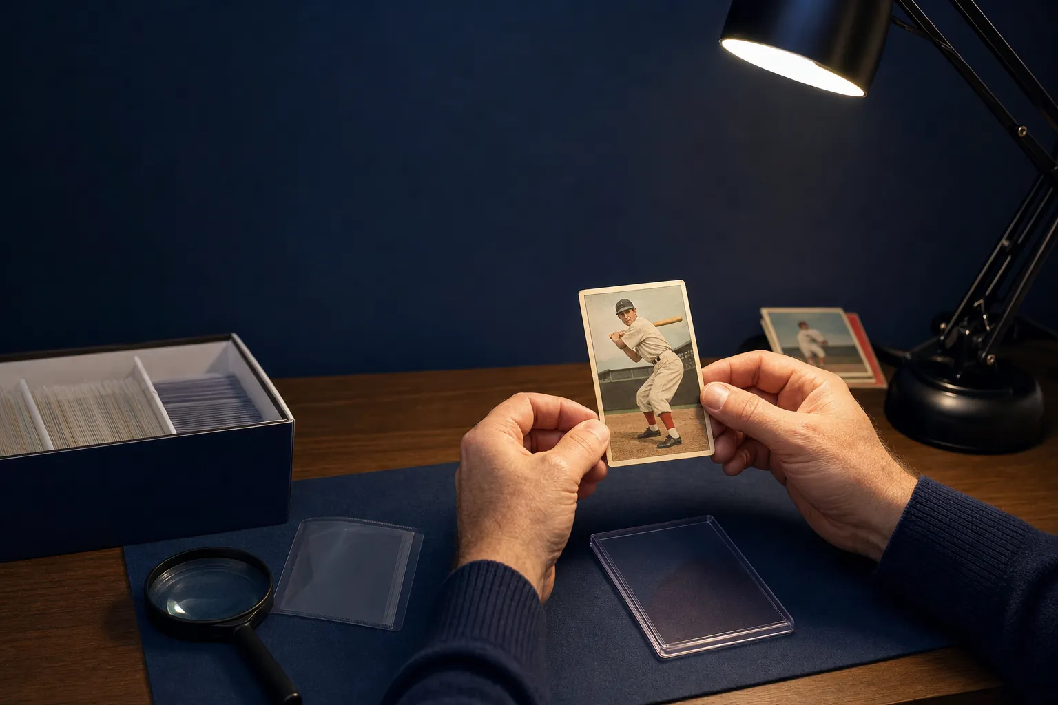 A collector inspecting a vintage baseball card at a desk before grading