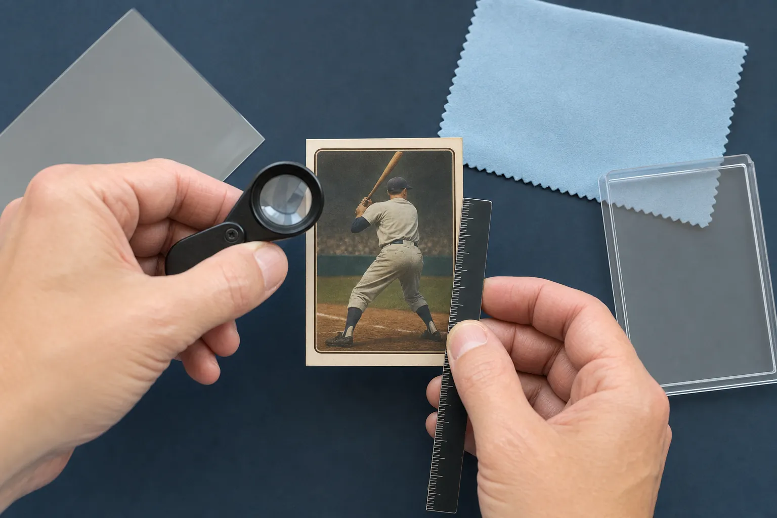 A collector checking the condition of a vintage baseball card with a magnifier and ruler