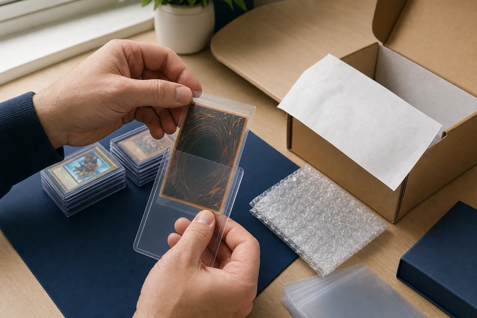 A collector placing a trading card into a protective sleeve and card saver for shipment