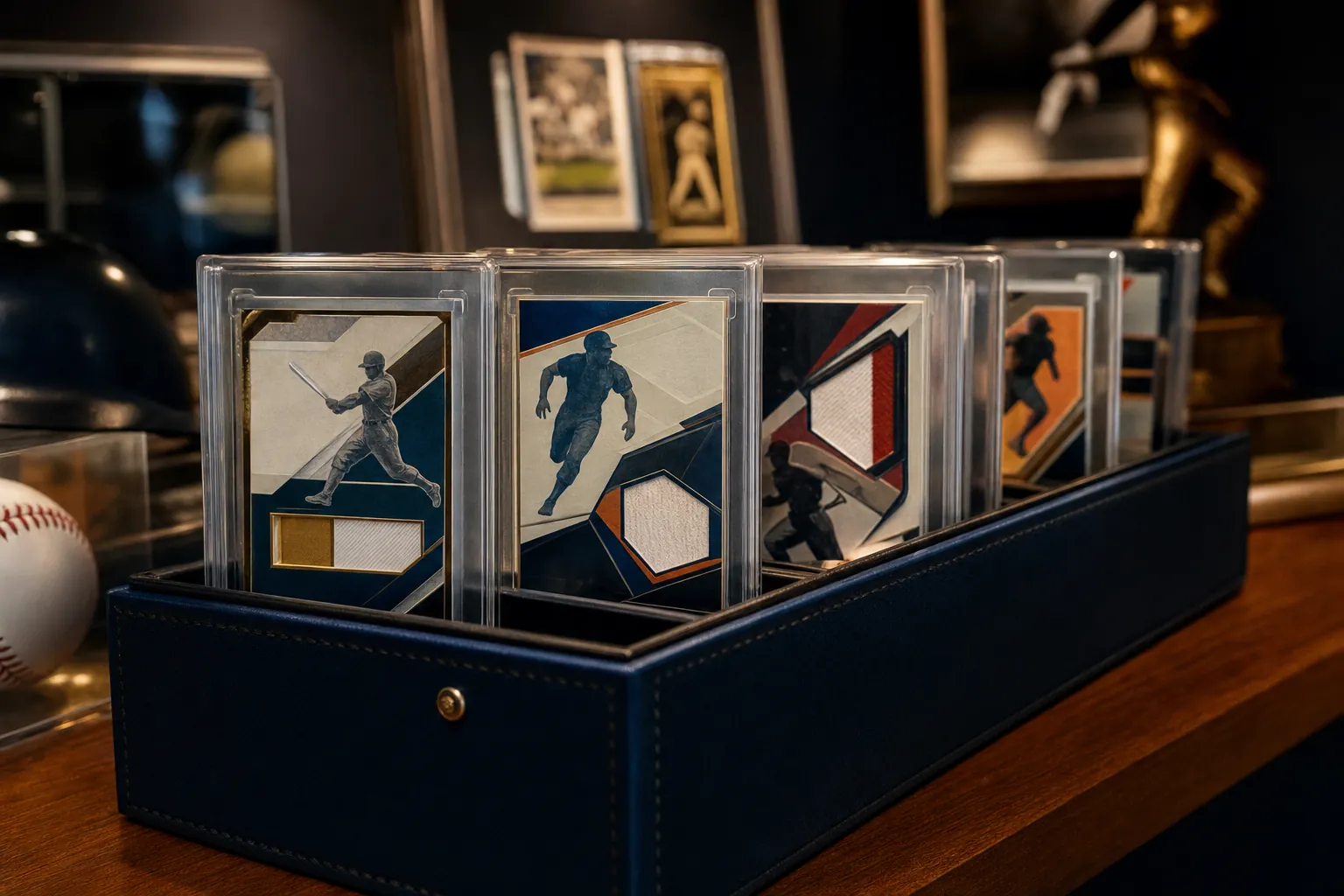 Protected sports cards standing in an archival storage case