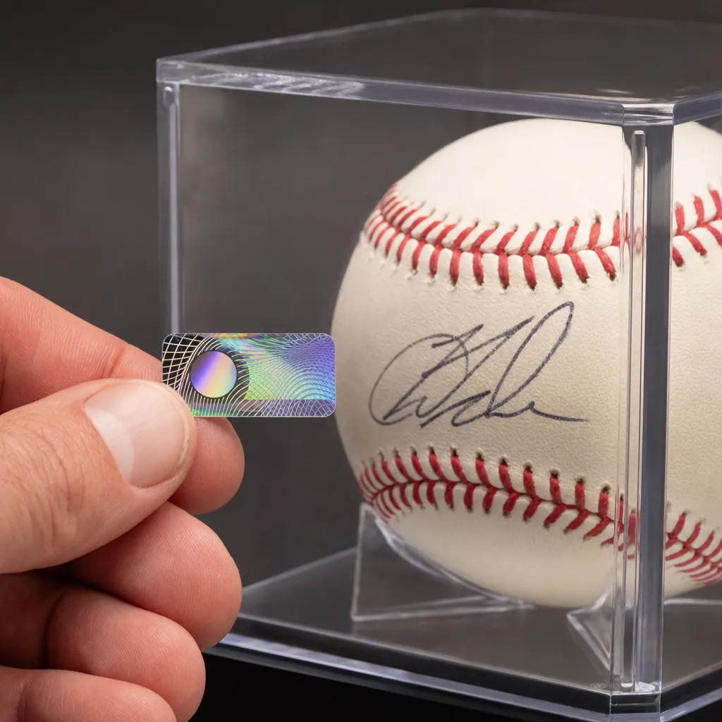 A collector examining a tamper-evident label beside a signed baseball in a display case