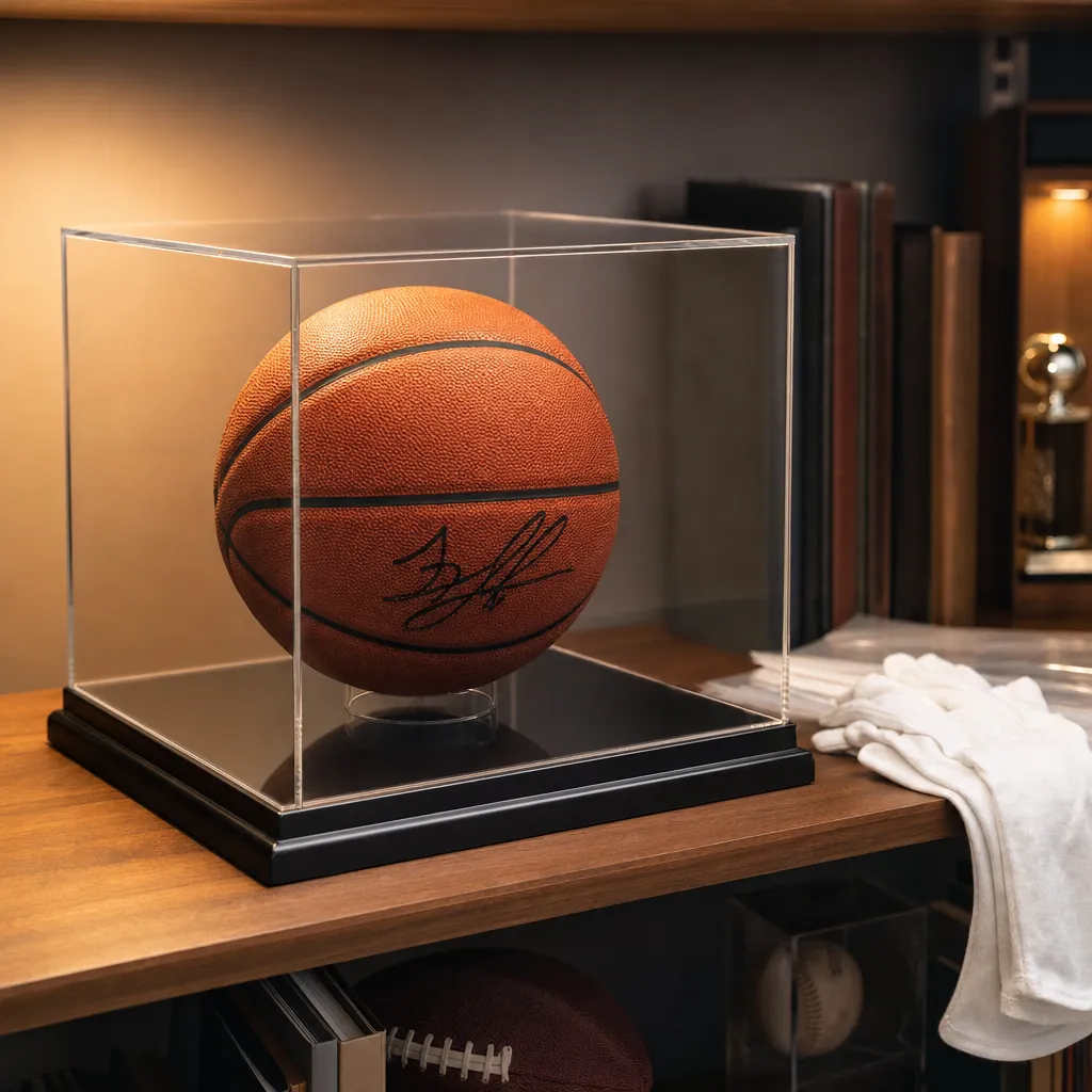 A signed basketball protected inside a clear display case