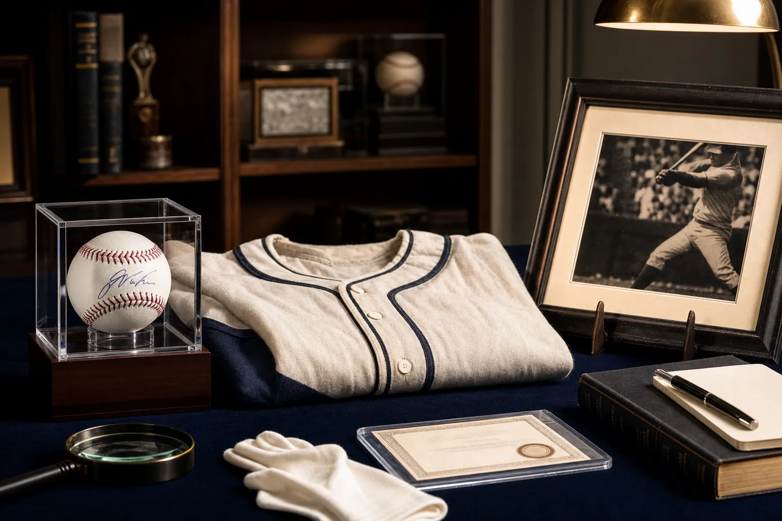 Signed baseball, vintage jersey, framed sports photo, and collector documents on display