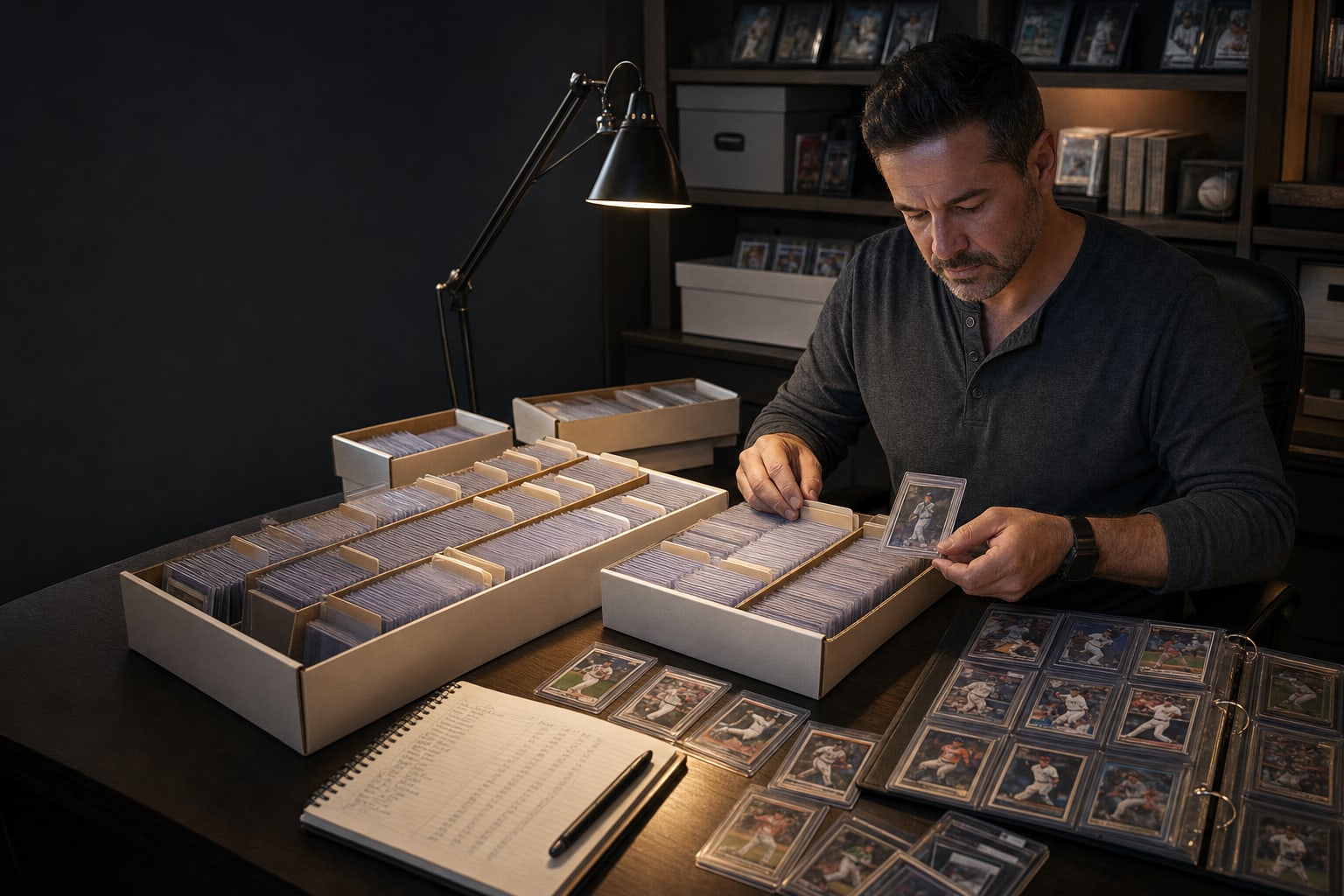 Collector sorting protected sports cards into organized storage boxes at a desk