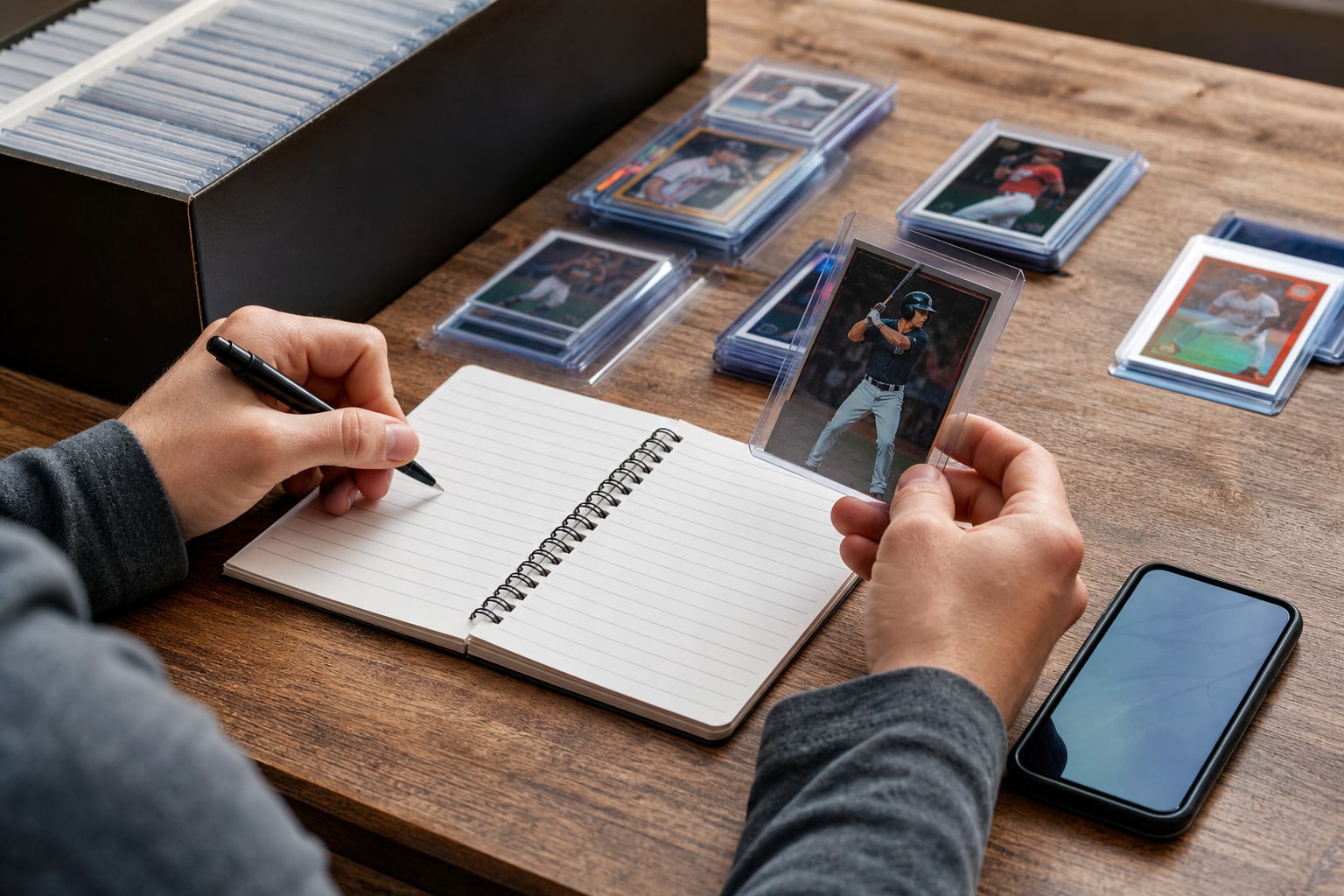 Collector making an inventory note while holding a protected sports card