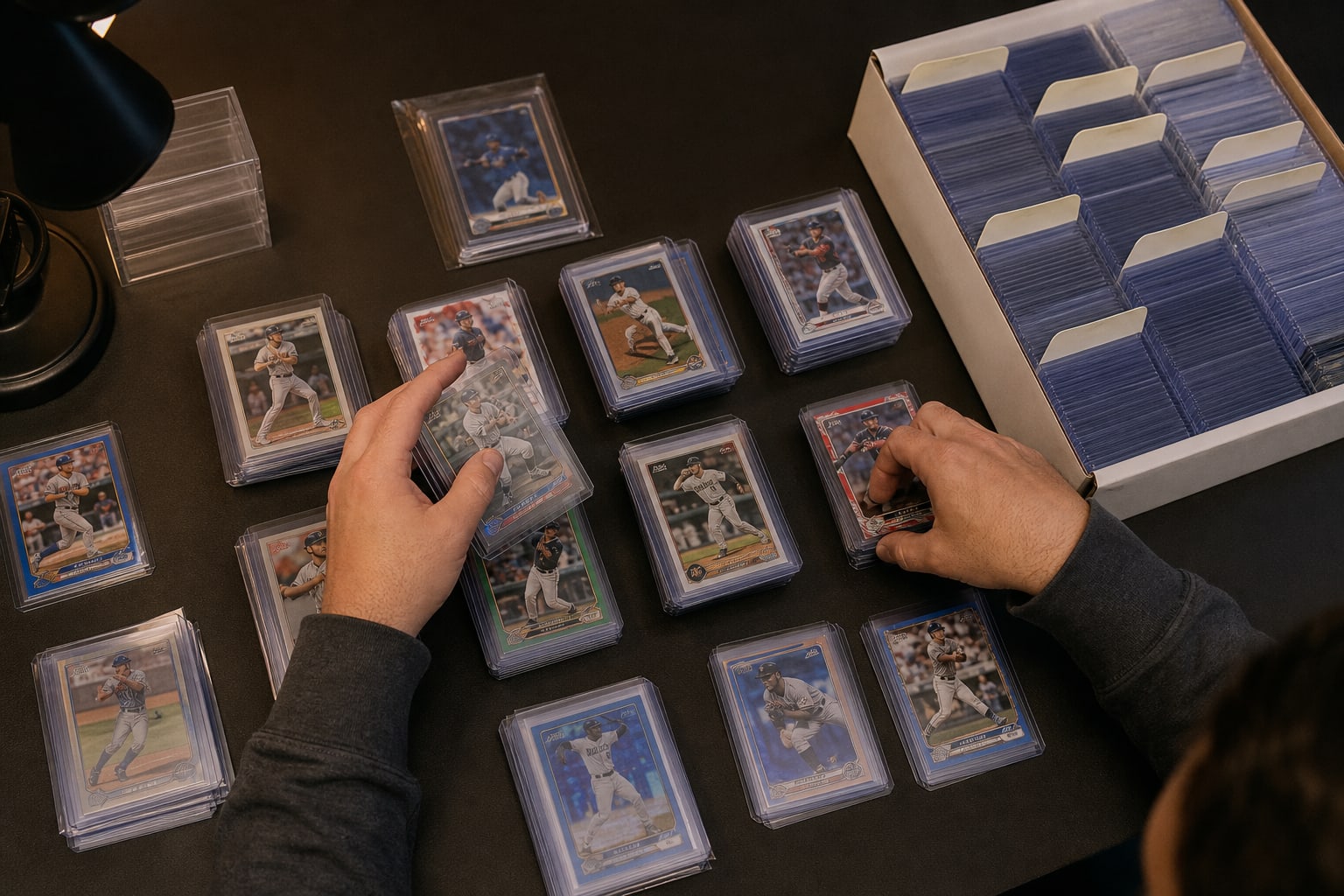 Collector sorting protected sports cards into small groups beside divider boxes