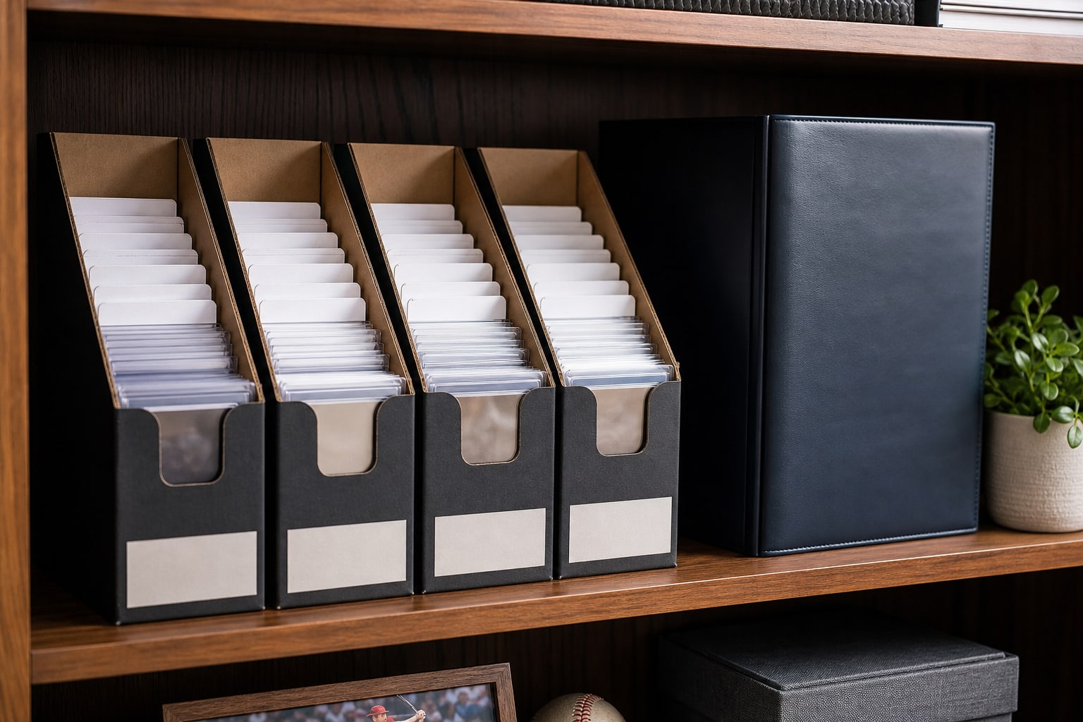 Sports card storage boxes and binders arranged neatly on a collector shelf
