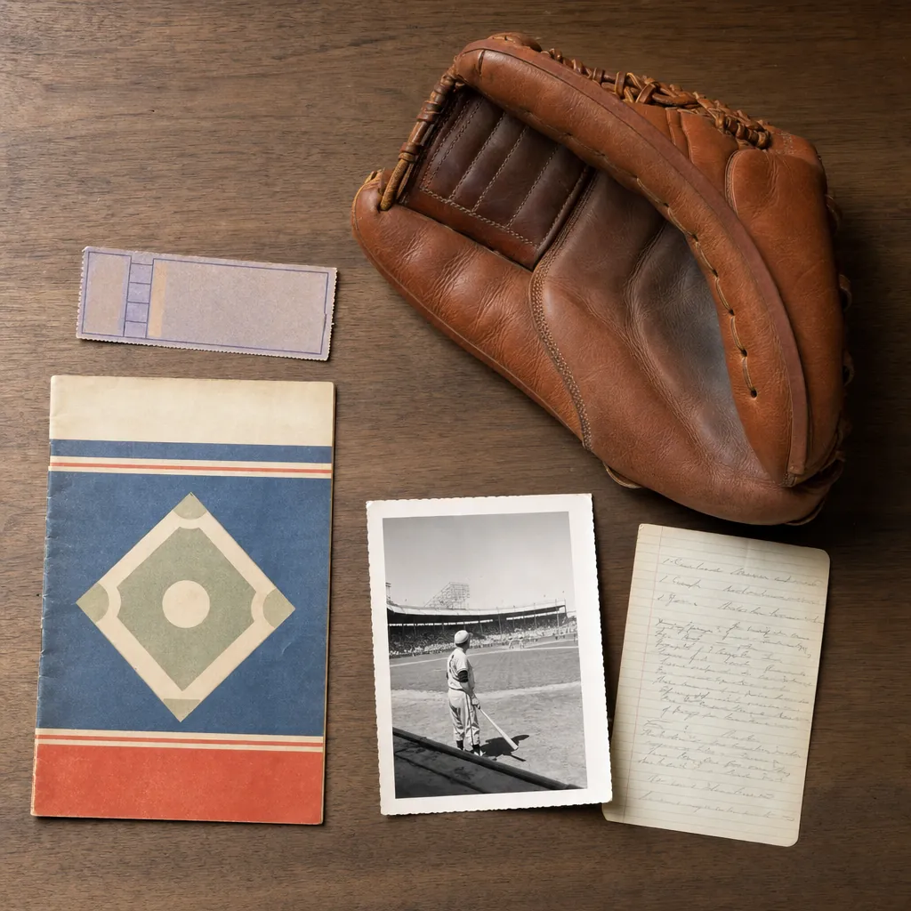 Vintage ticket, event program, field photograph, notes, and baseball glove arranged on a table