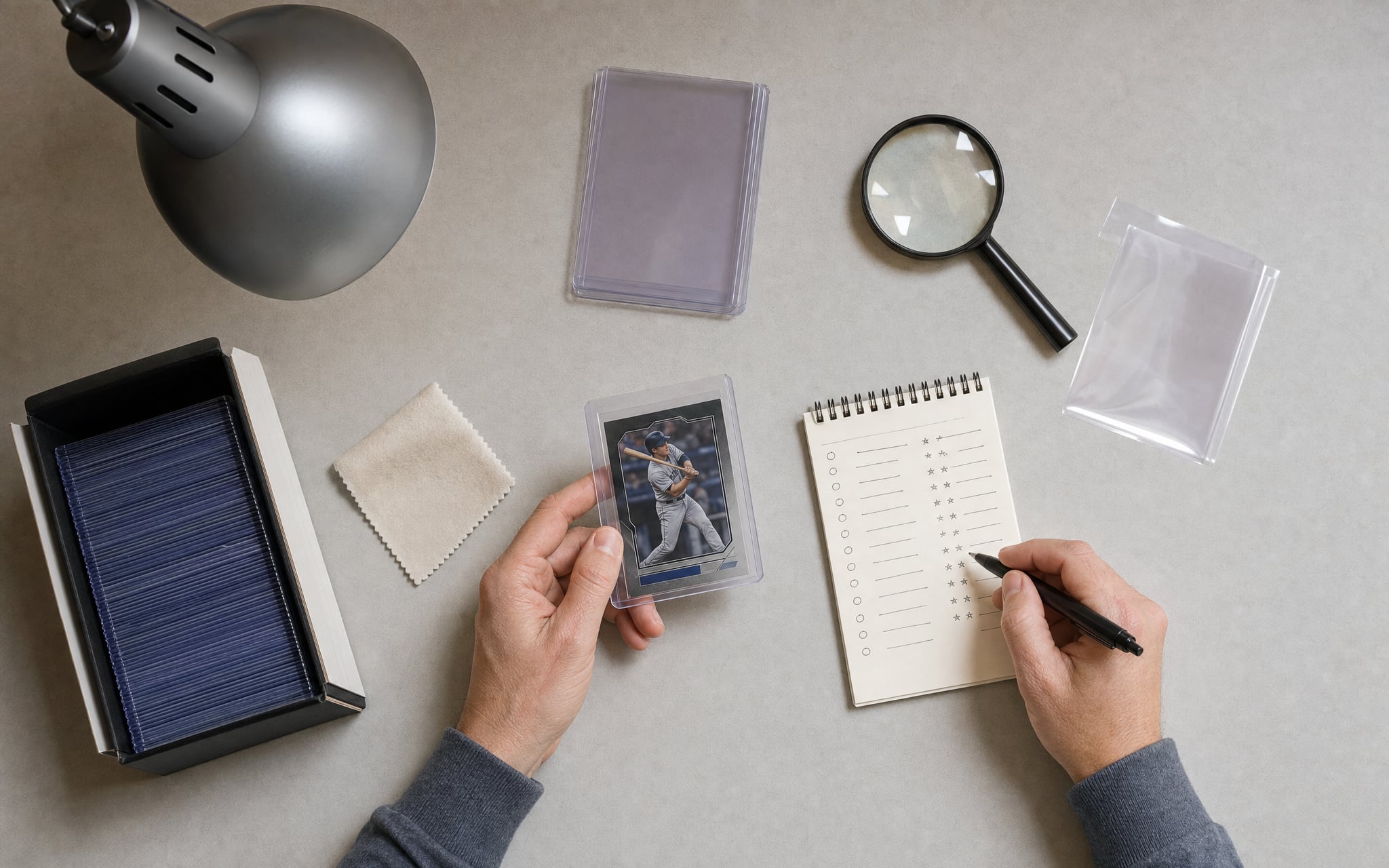 Collector inspecting a protected sports card beside a magnifier and condition checklist