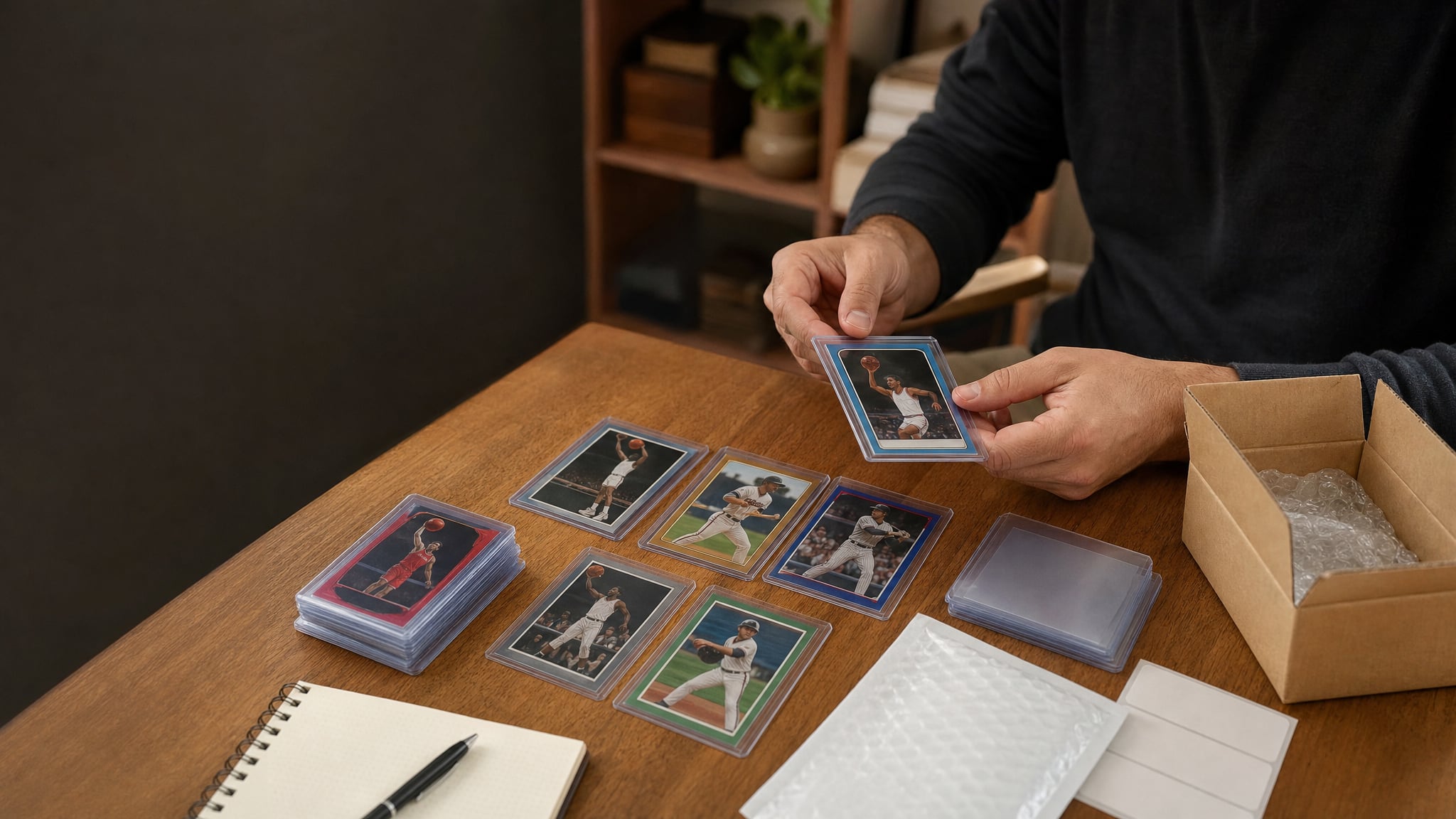 Collector sorting protected sports cards at a desk before preparing them for sale