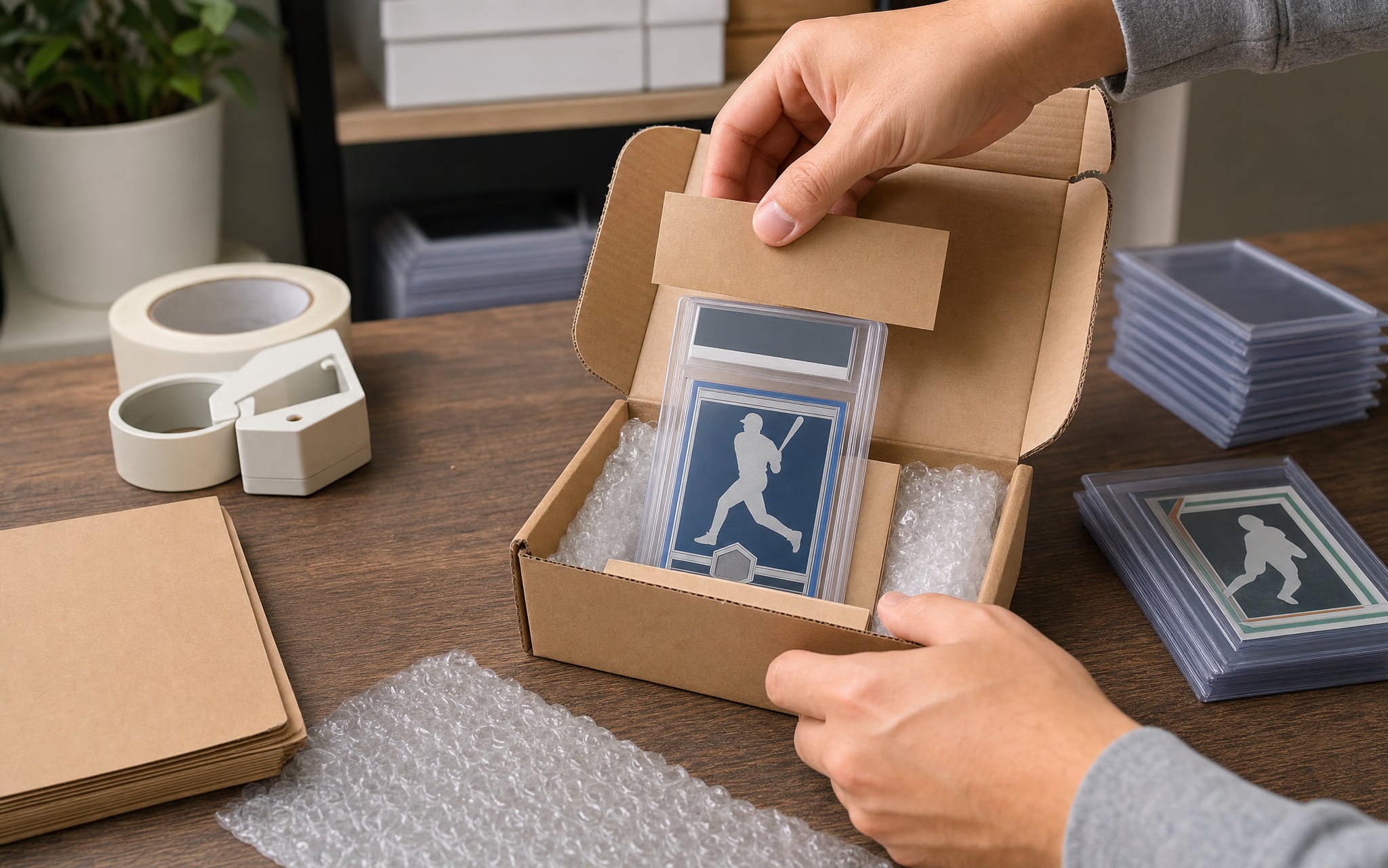 Collector placing protected sports cards into a padded cardboard box for shipment