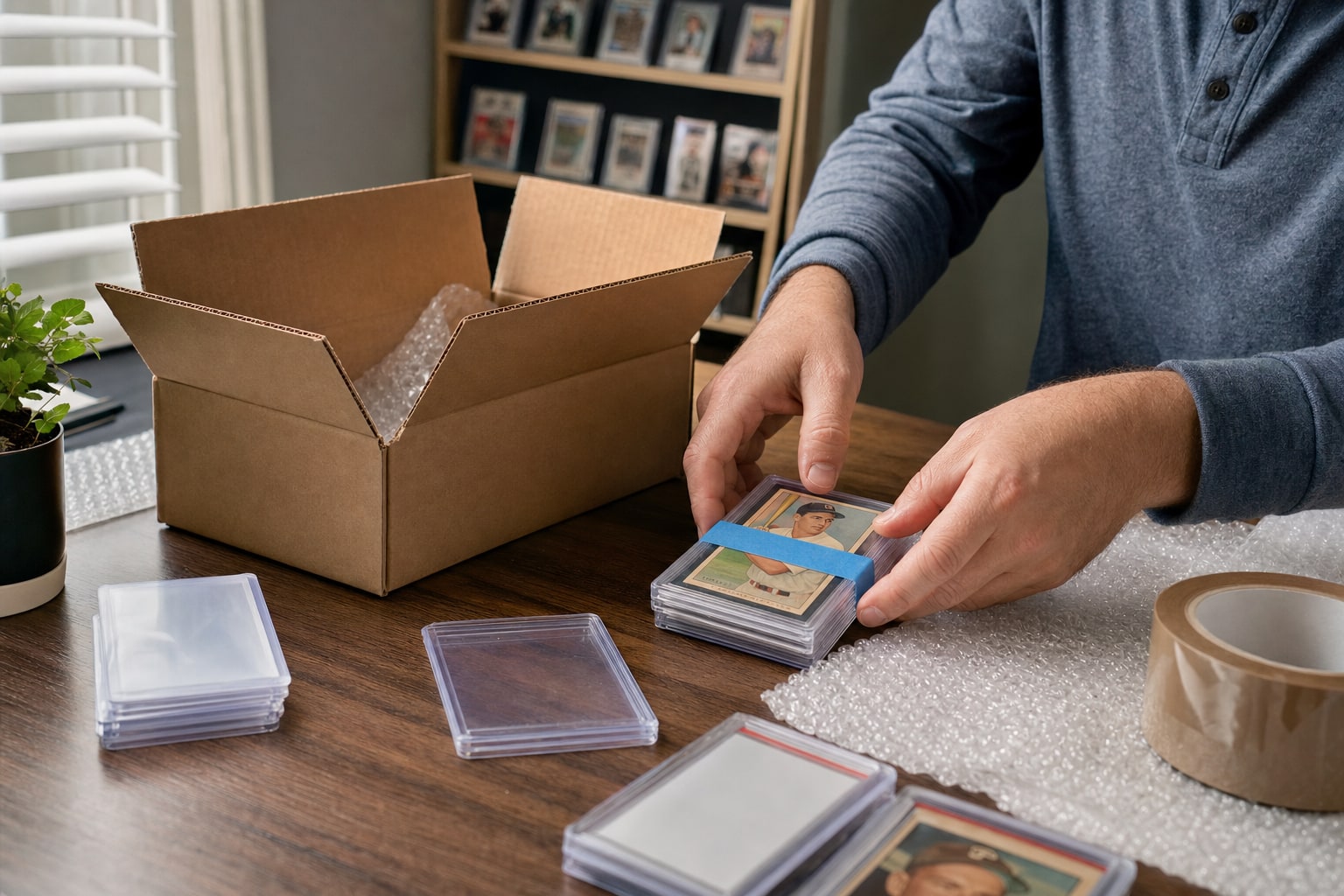 Collector preparing protected sports cards beside a shipping box and packing materials