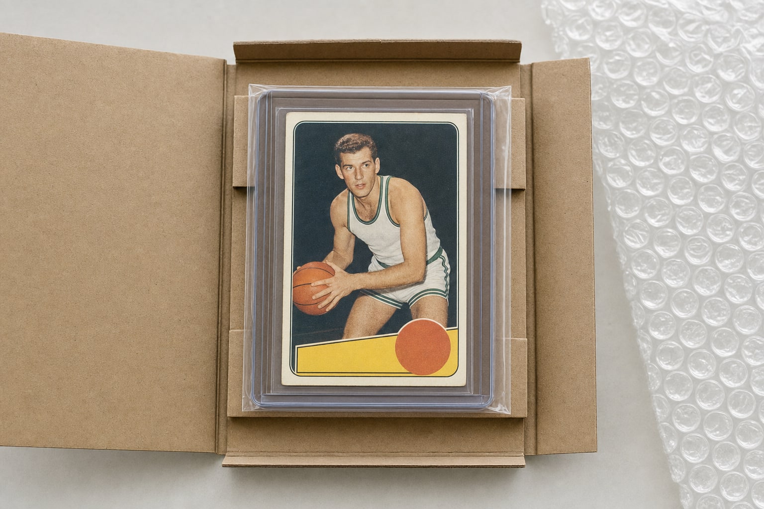 Protected vintage basketball card secured in a rigid holder inside a small shipping mailer